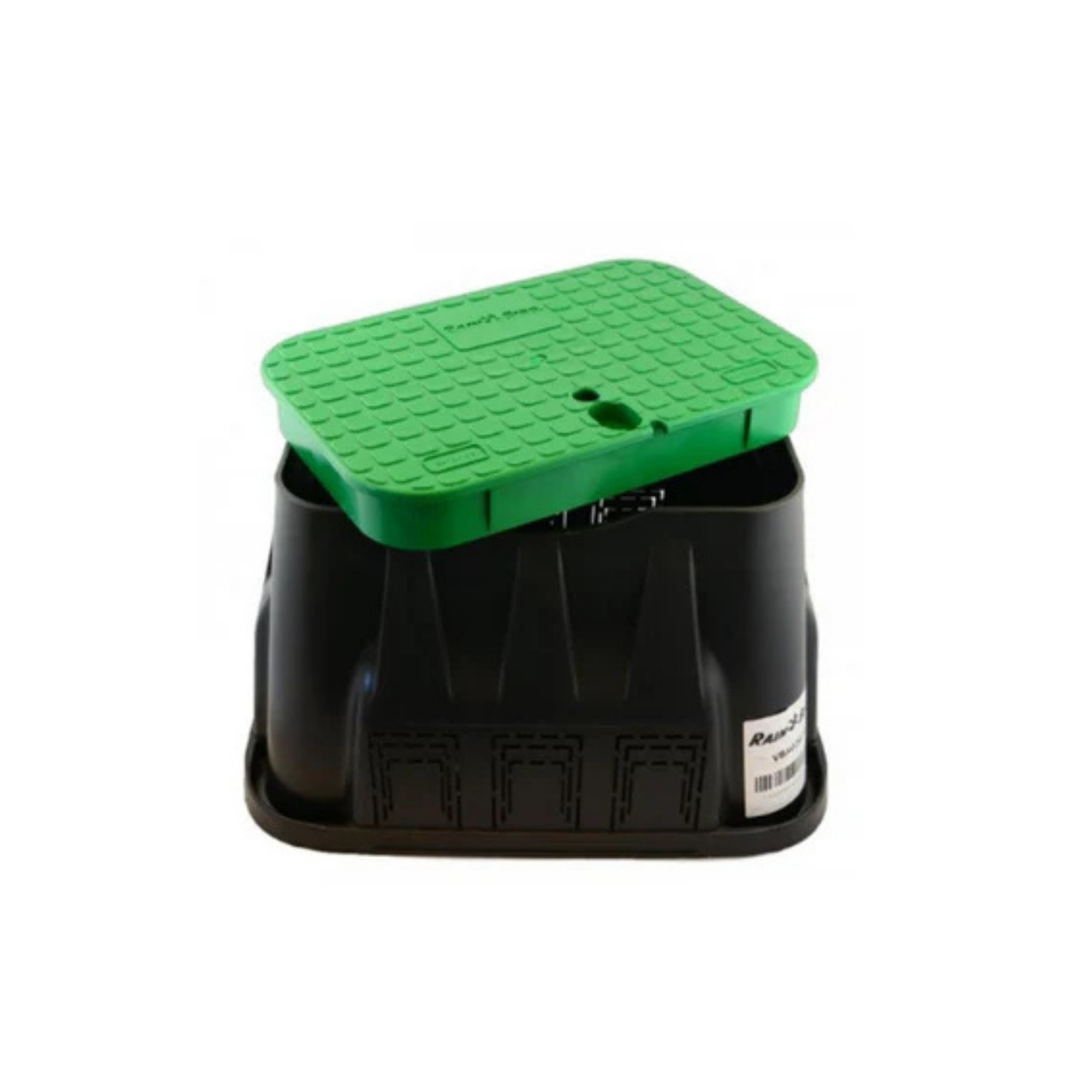 A black plastic rectangular valve box with a green lid on a white background
