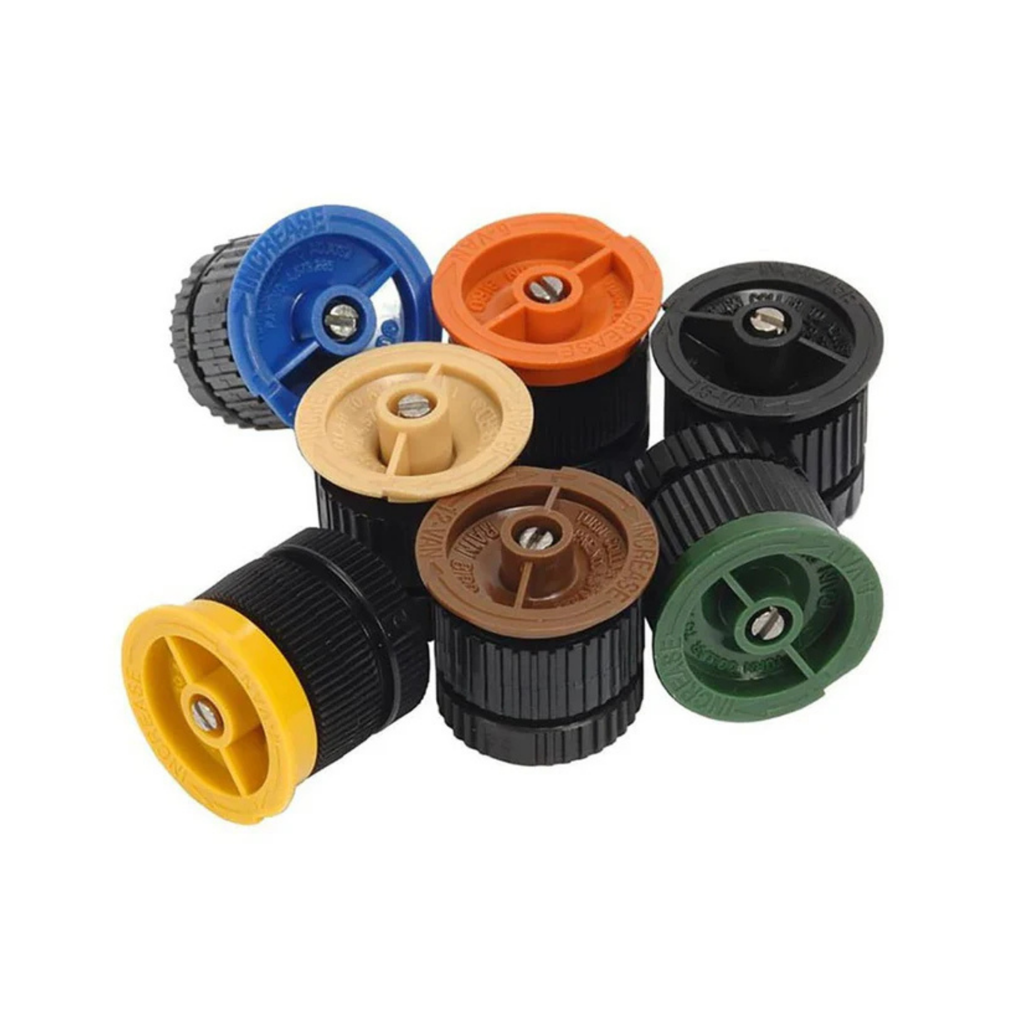 A set of seven garden hose nozzles in various colors including blue, orange, black, yellow, beige, brown, and green, arranged on a plain white background.