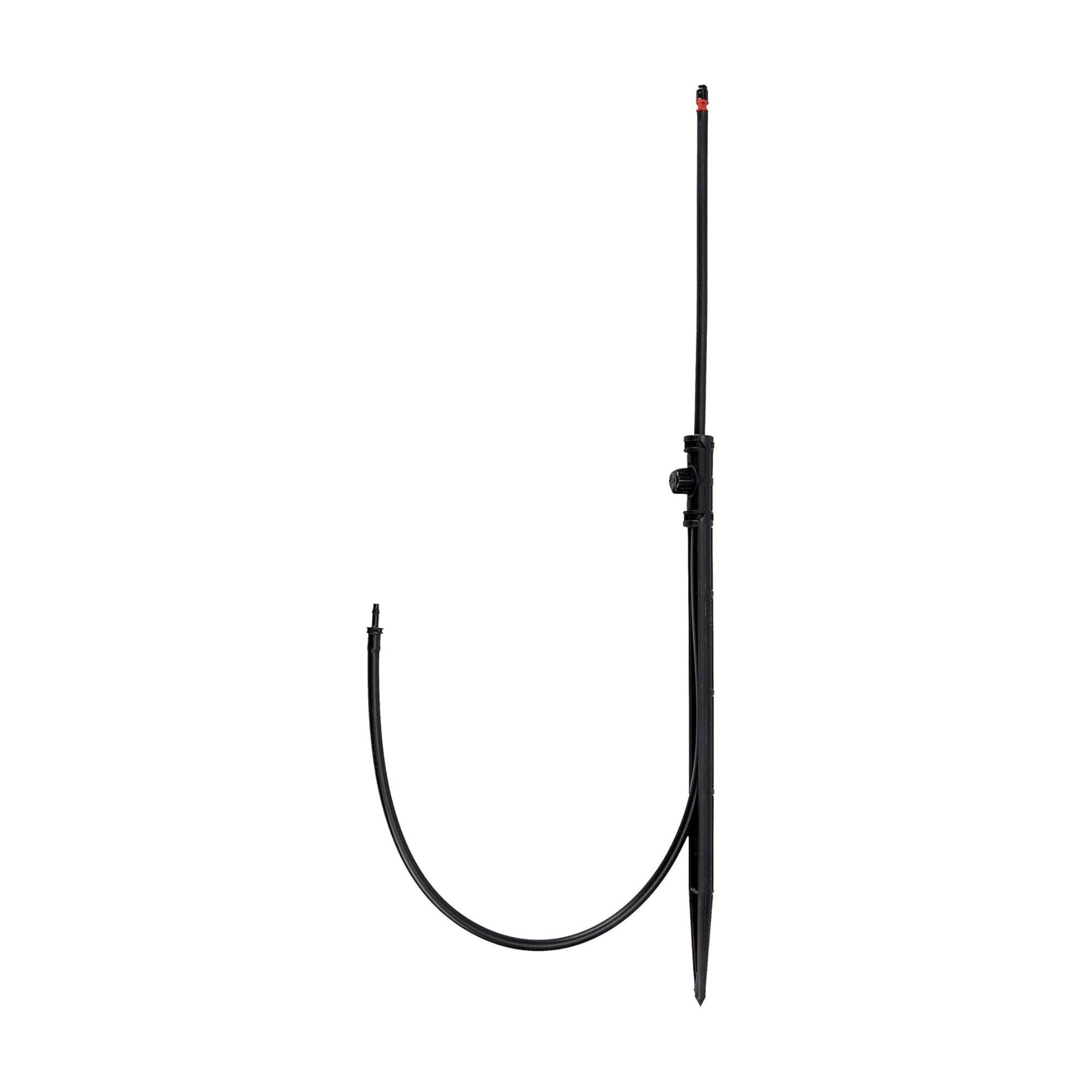 A black Rain Bird riser stake assembly with a 360 degree 8 jet spray and flexible connection tube.