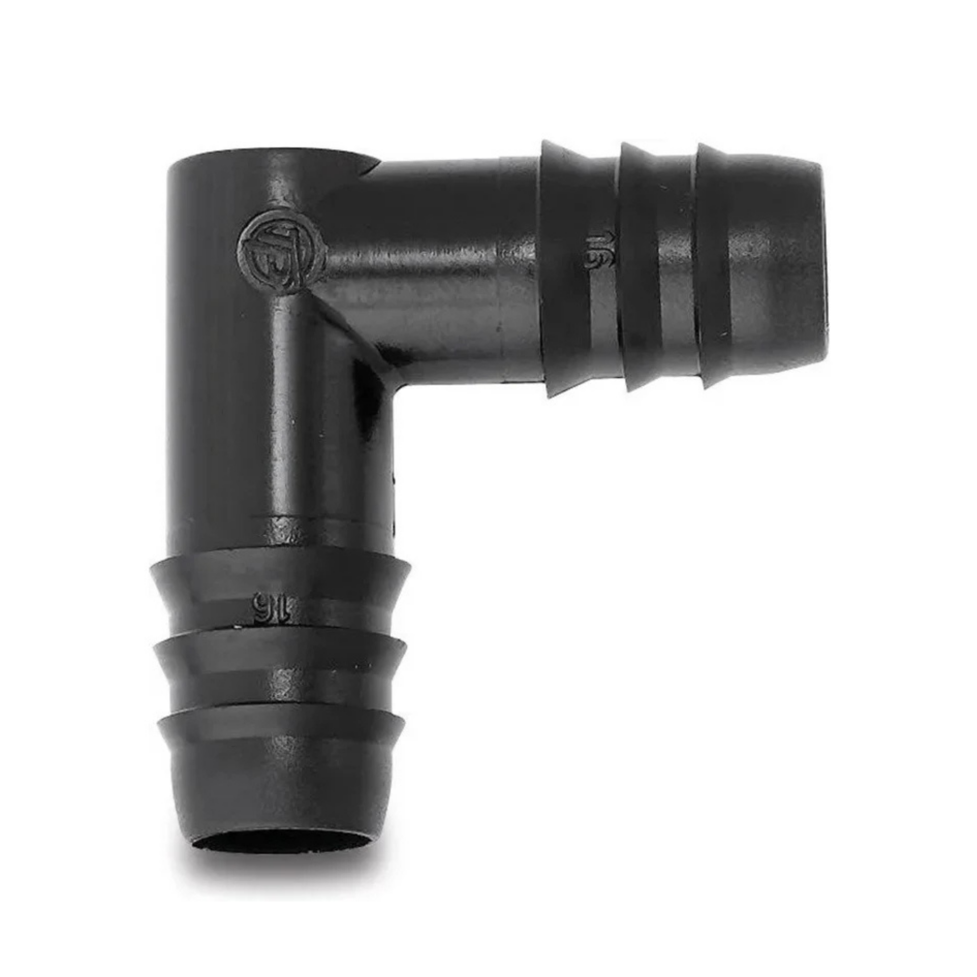 A black plastic 90-degree elbow connector with grooved rubber fittings on both ends, shown on a clean white background.