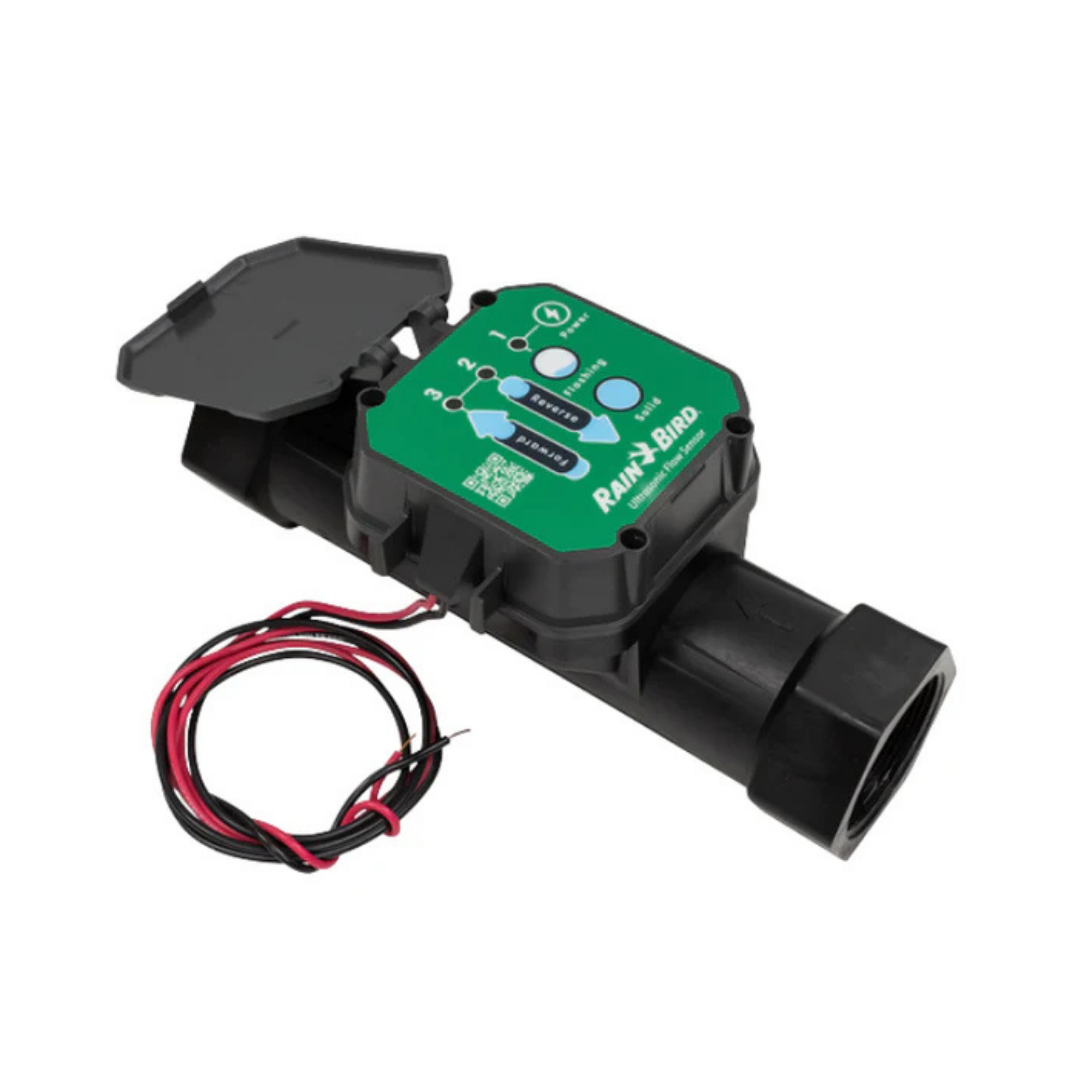 A black and green Rain Bird ultraonic series flow sensor on a white background