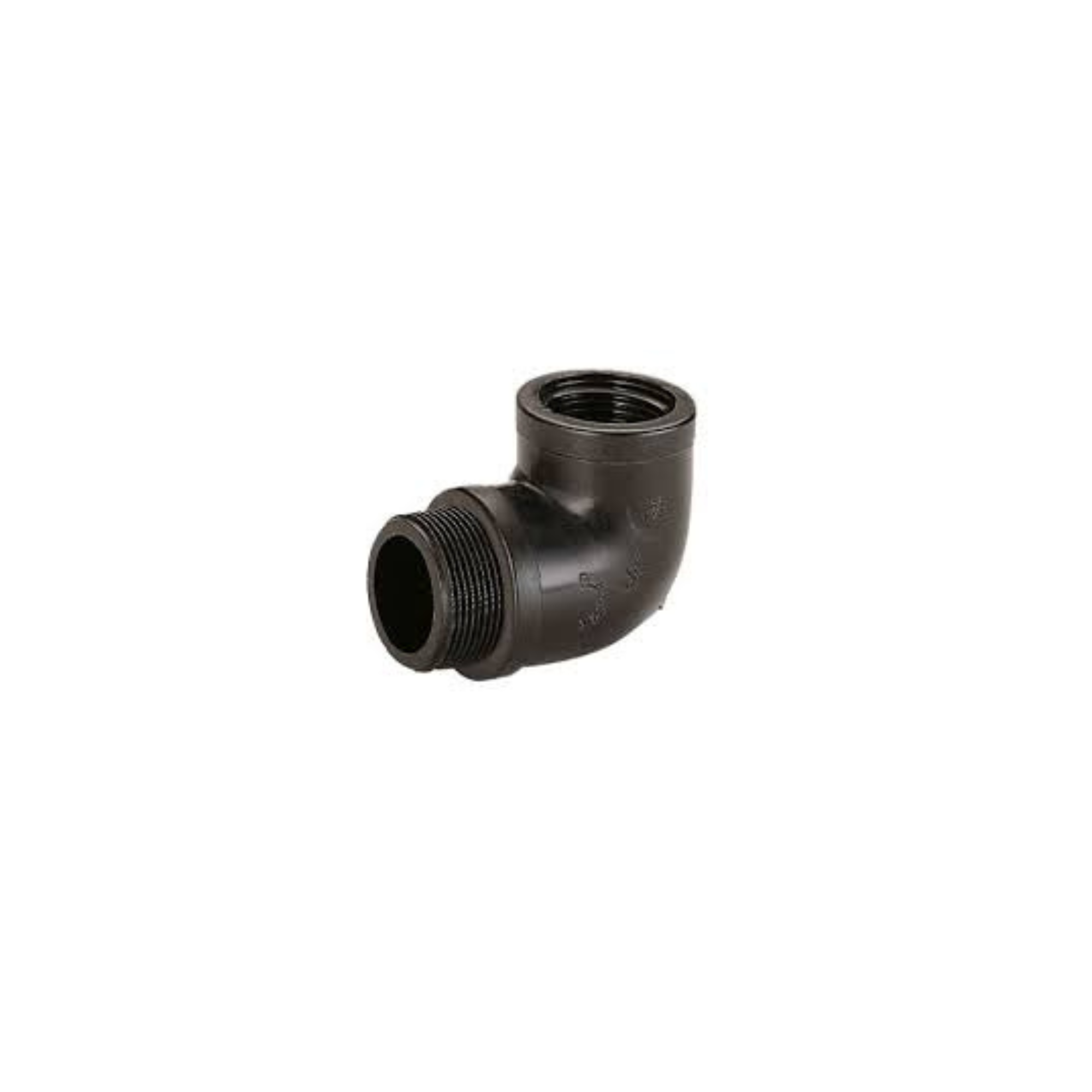 Close-up of a Plasson threaded elbow, designed for changing the direction of piping in irrigation systems, featuring durable construction for secure connections and reliable performance