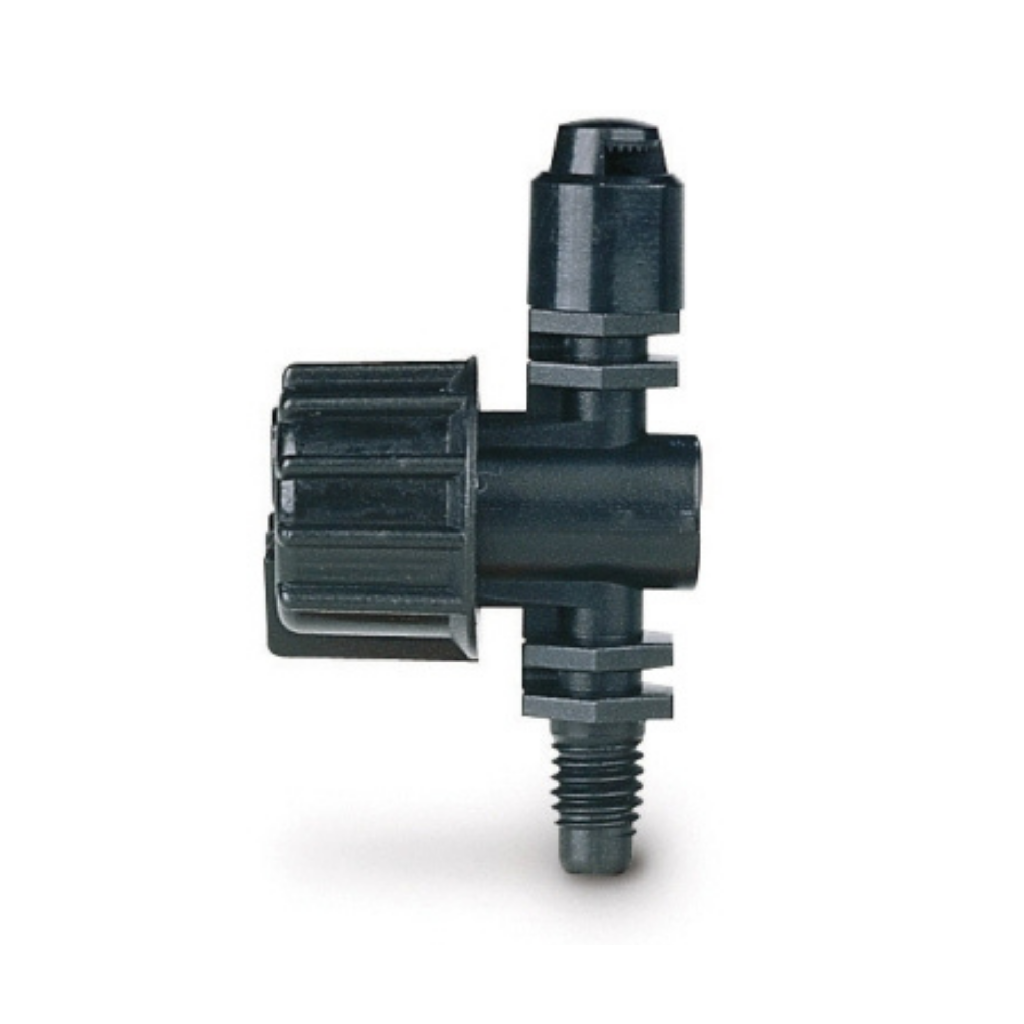 A black 90 degree-arc adjustable flow microspray with a threaded end for connection.