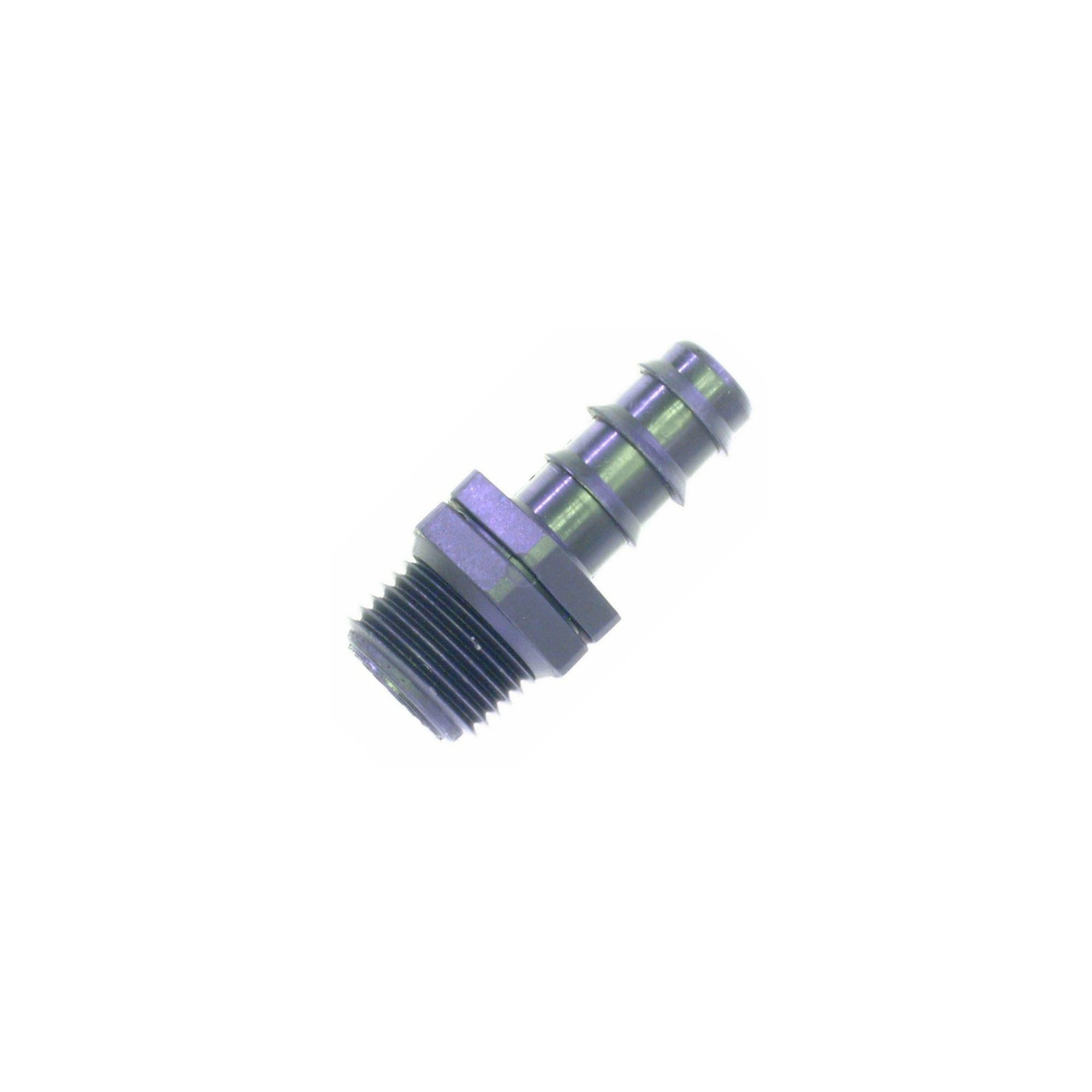 Close-up of a 16mm barbed adapter for irrigation systems, featuring a ribbed design that facilitates a secure connection between two sections of tubing