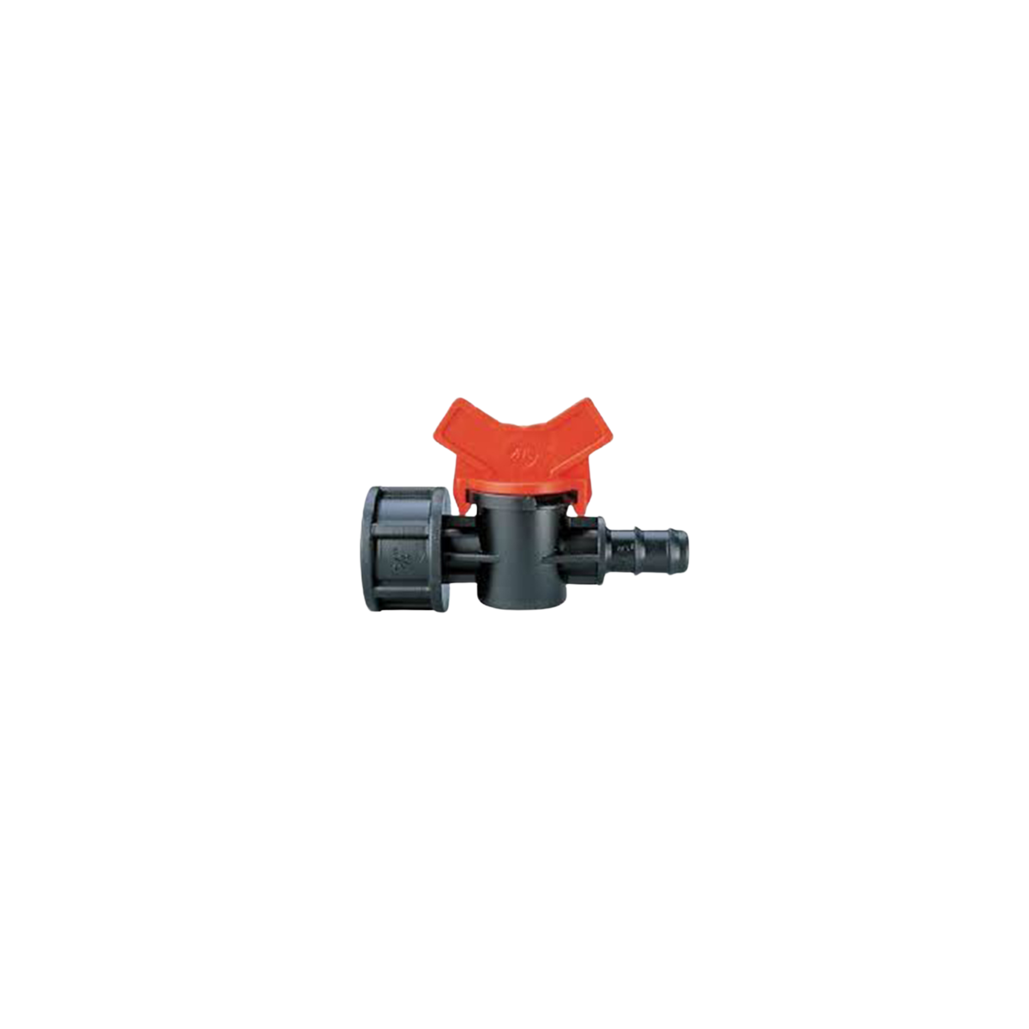 Close-up of a 16mm manual inline valve for irrigation systems, featuring a durable body and an easy-to-use lever for controlling water flow between tubing sections