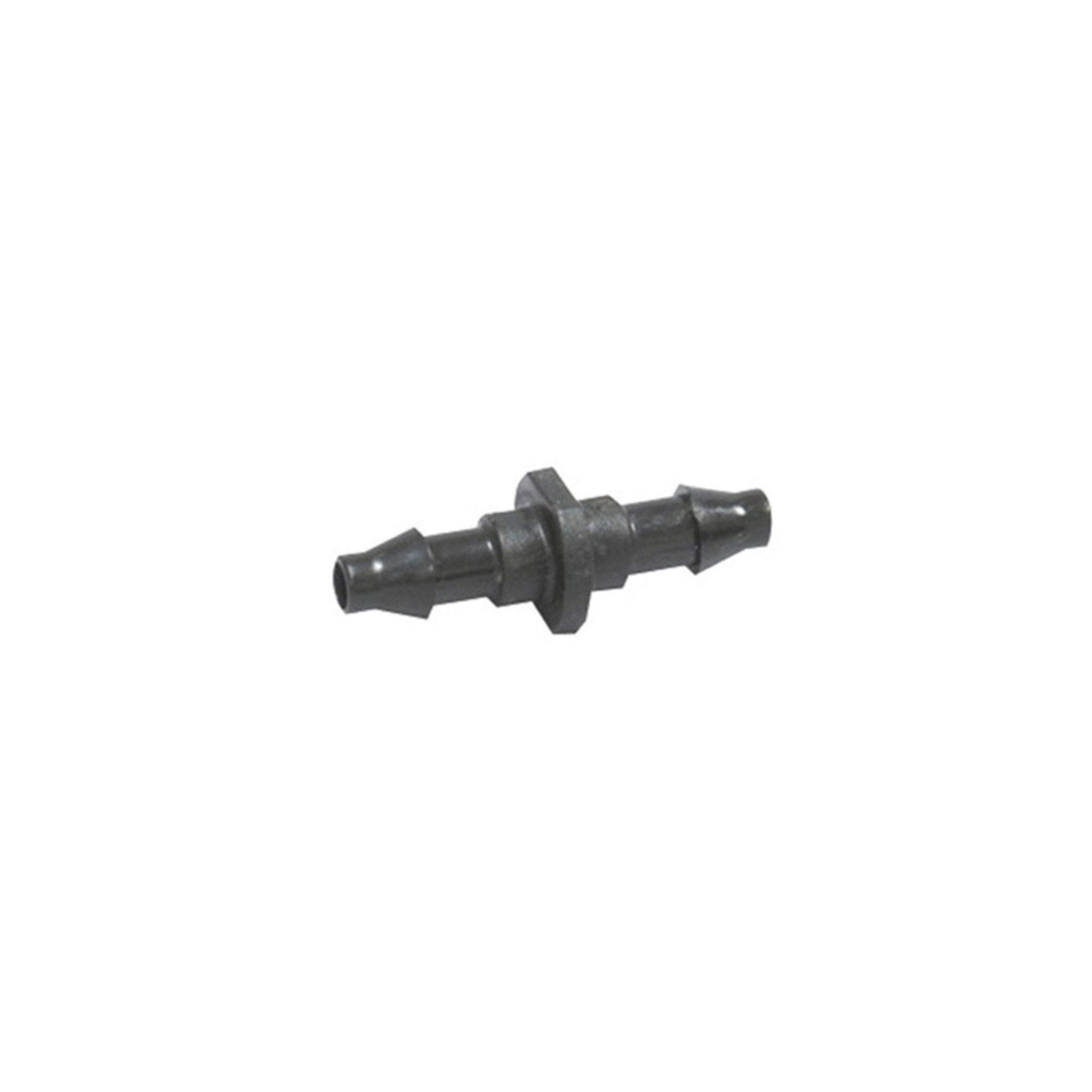 Close-up of a 6mm barbed connector for irrigation systems, featuring a ribbed design that ensures a secure connection between two sections of tubing