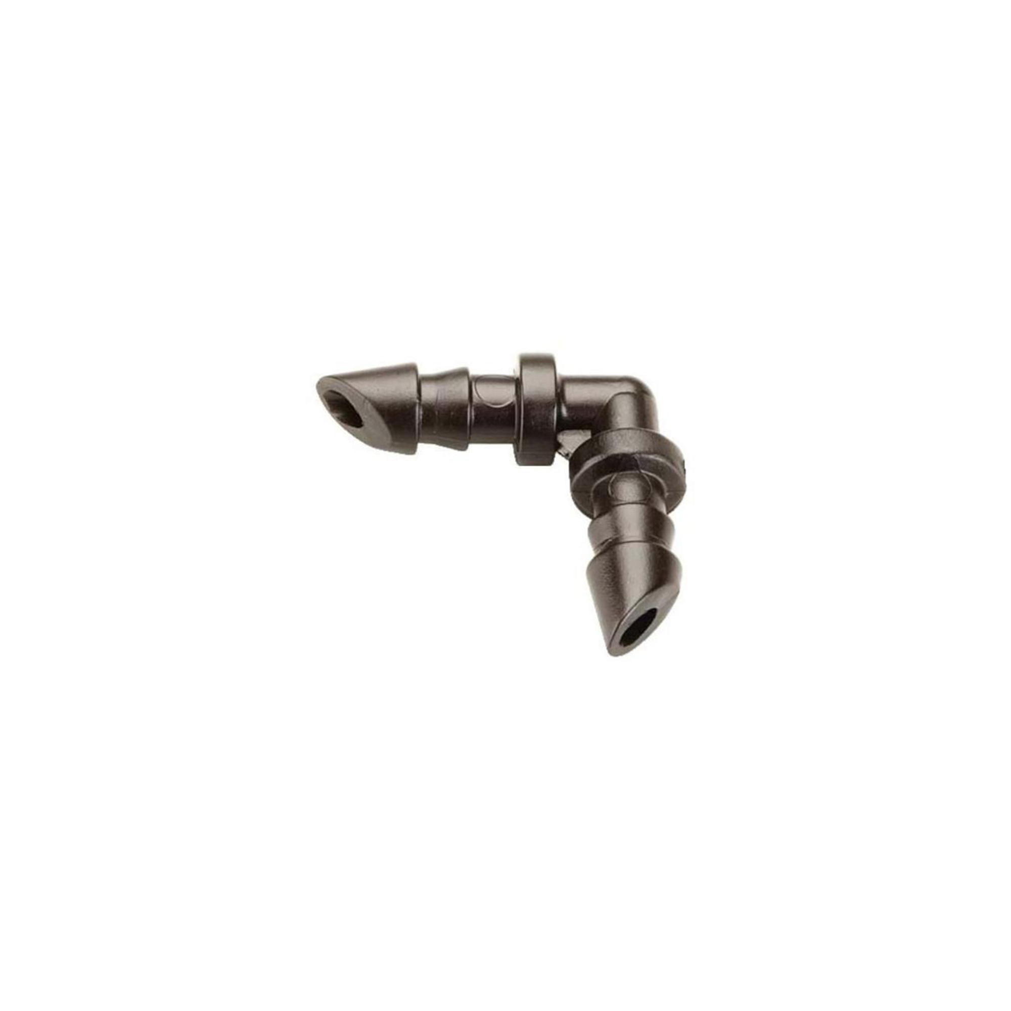 Close-up of a 6mm barbed elbow connector for irrigation systems, showcasing a sturdy, angled design that allows for secure connections at a 90-degree angle between tubing sections