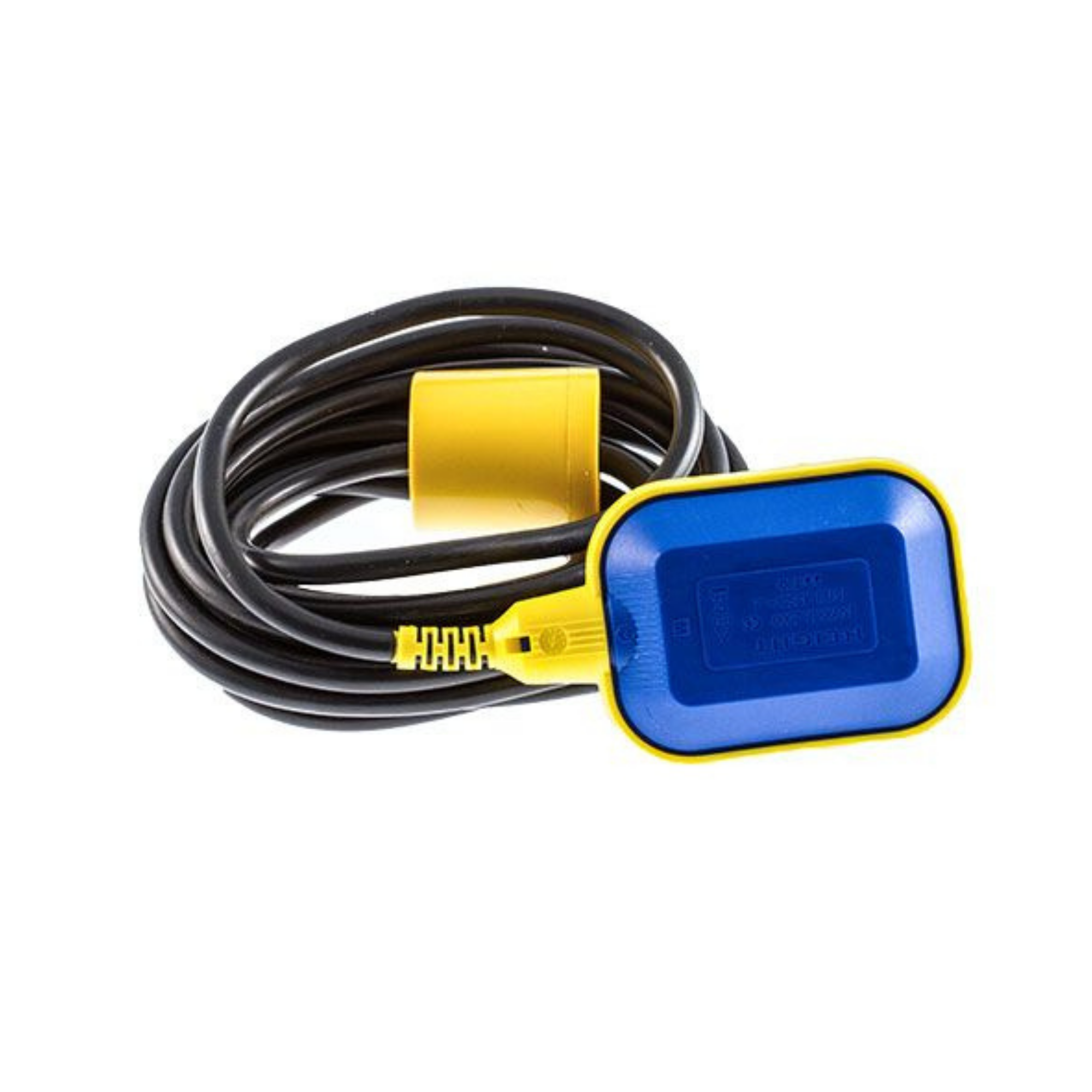 A coiled black cable with yellow connector housings and a blue rectangular sensor or module with a yellow border, shown on a plain white background.