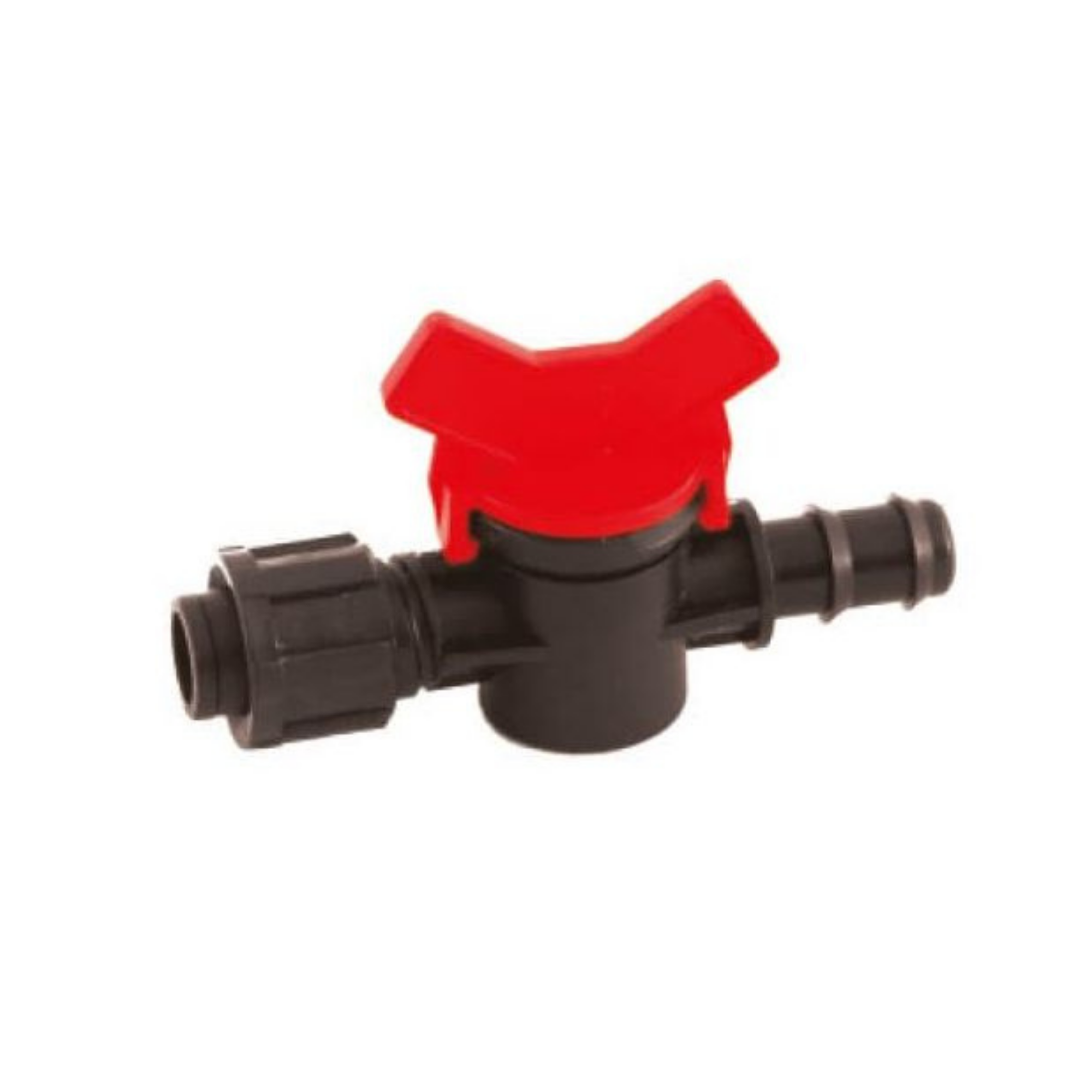 Close-up of a 16mm manual inline valve for irrigation systems, featuring a durable body and an easy-to-use lever for controlling water flow between tubing sections
