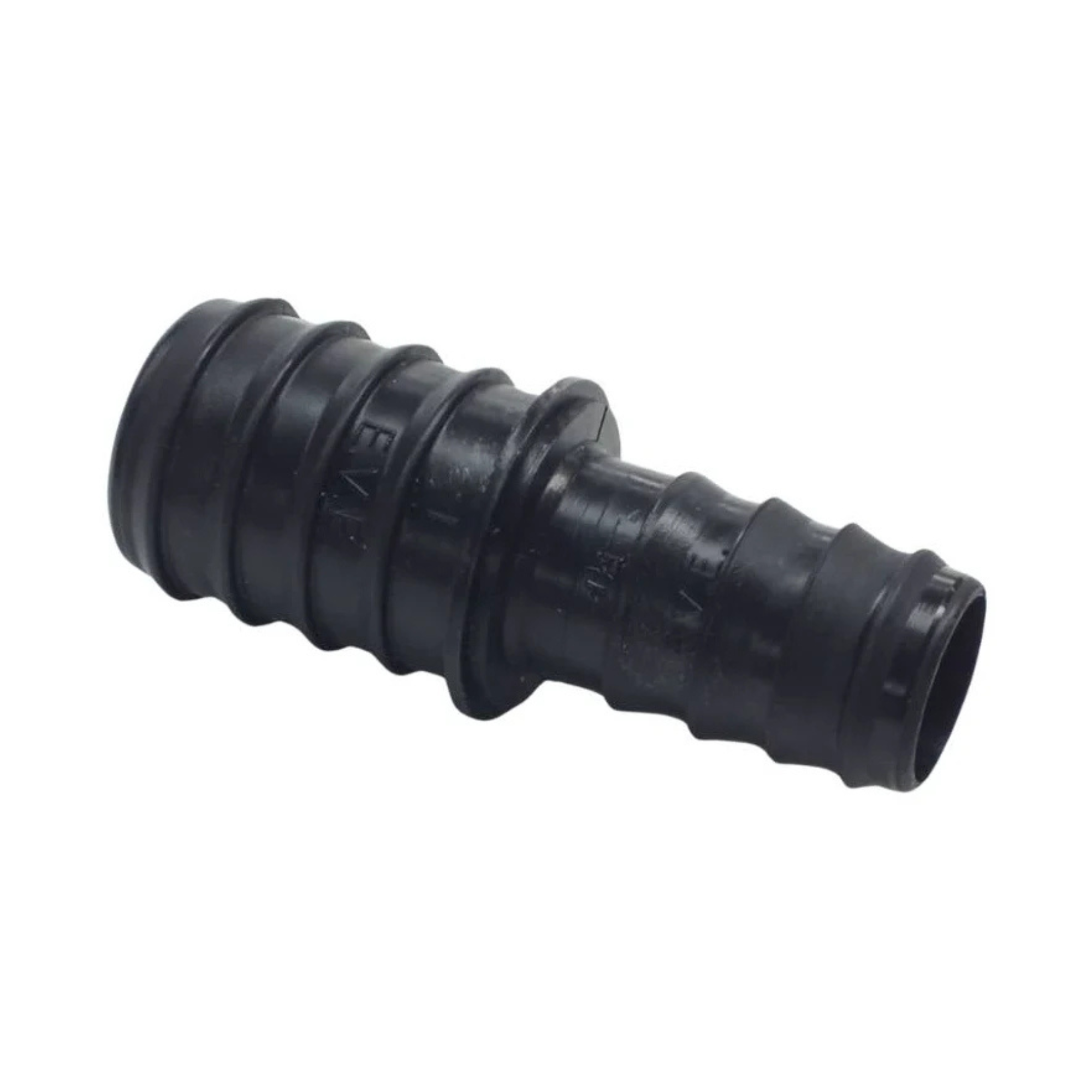 Image of a barbed reducer connector, designed to join two sections of tubing with different diameters in irrigation systems, featuring durable construction for secure and leak-proof connections