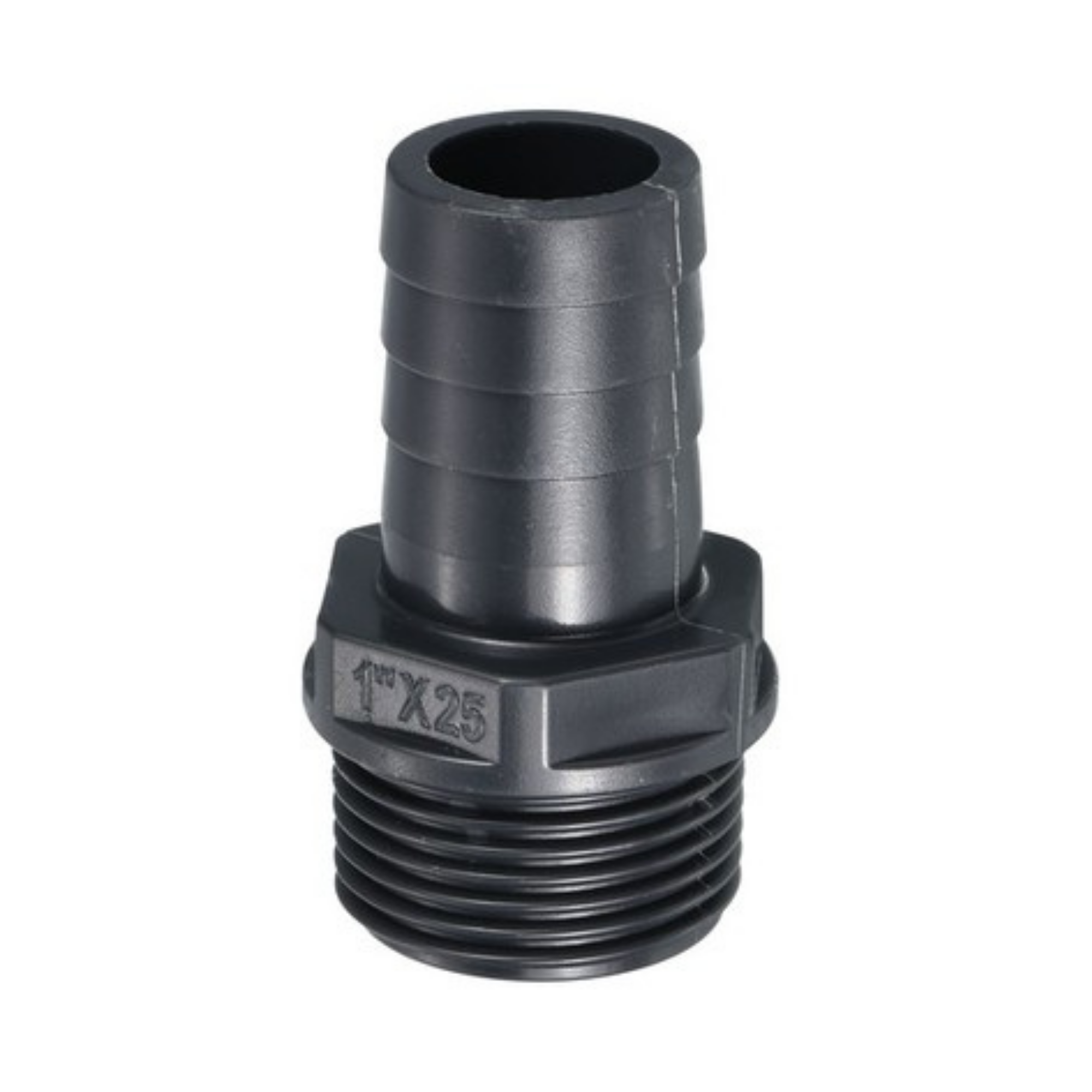 Image of a barbed to threaded adapter, designed for connecting tubing to threaded fittings in irrigation systems, featuring durable construction for secure and leak-proof connections