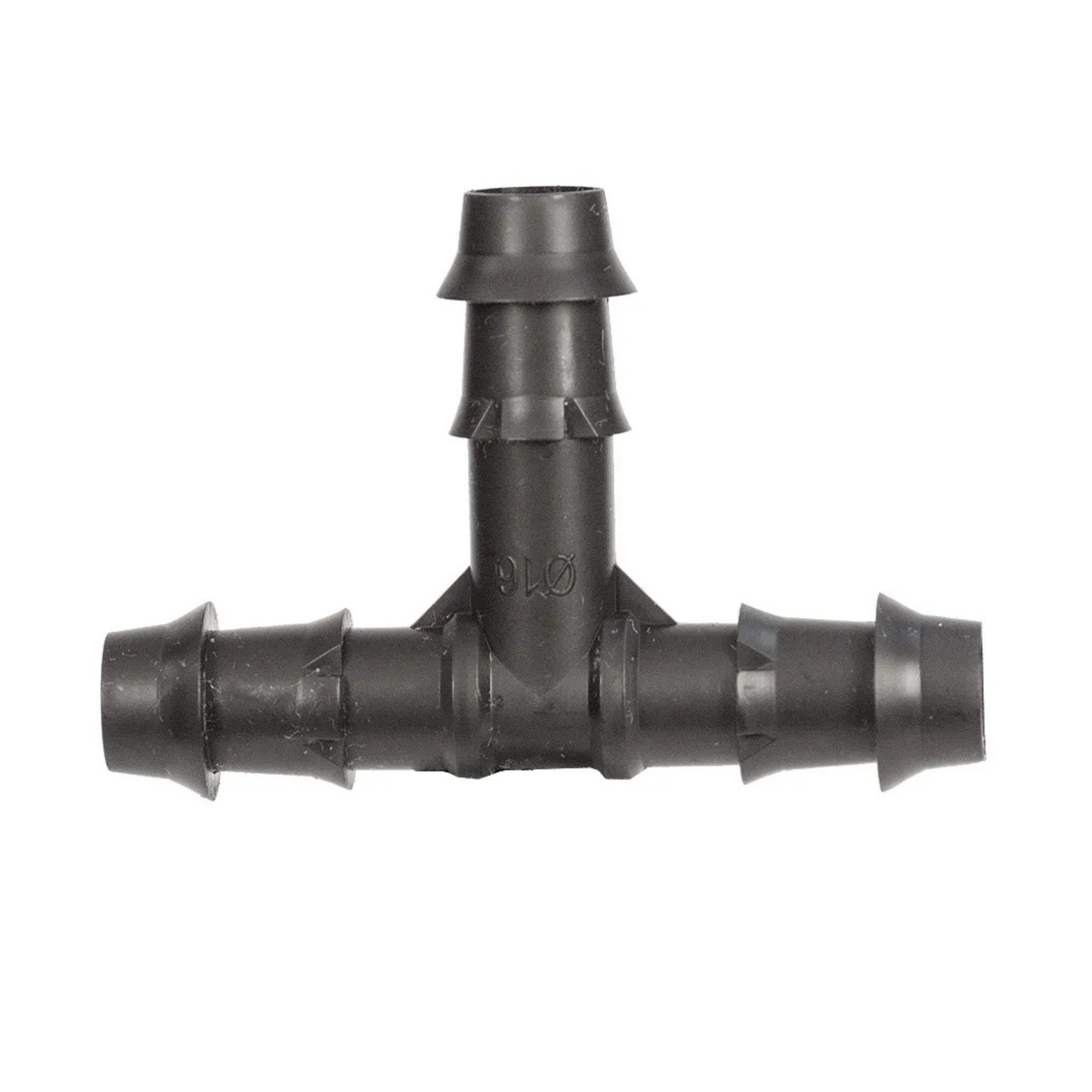 Close-up of a 6mm barbed tee connector for irrigation systems, featuring a T-shaped design that allows for secure connections of three sections of tubing, facilitating effective water distribution
