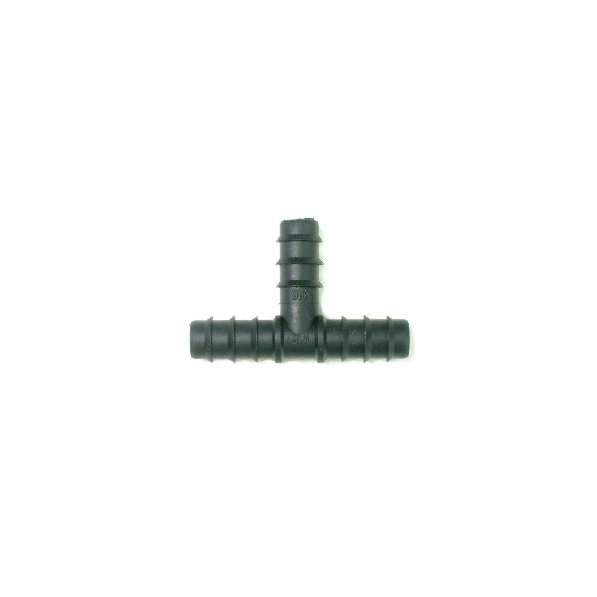 Image of a barbed tee fitting, designed for connecting three sections of tubing in irrigation systems, featuring durable construction for secure connections and leak-proof performance