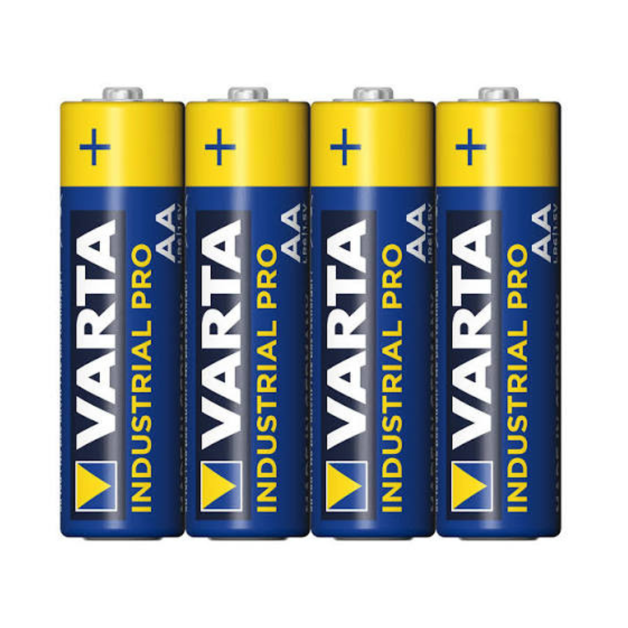 Four Varta Industrial Pro AA batteries arranged in a row on a plain white background.