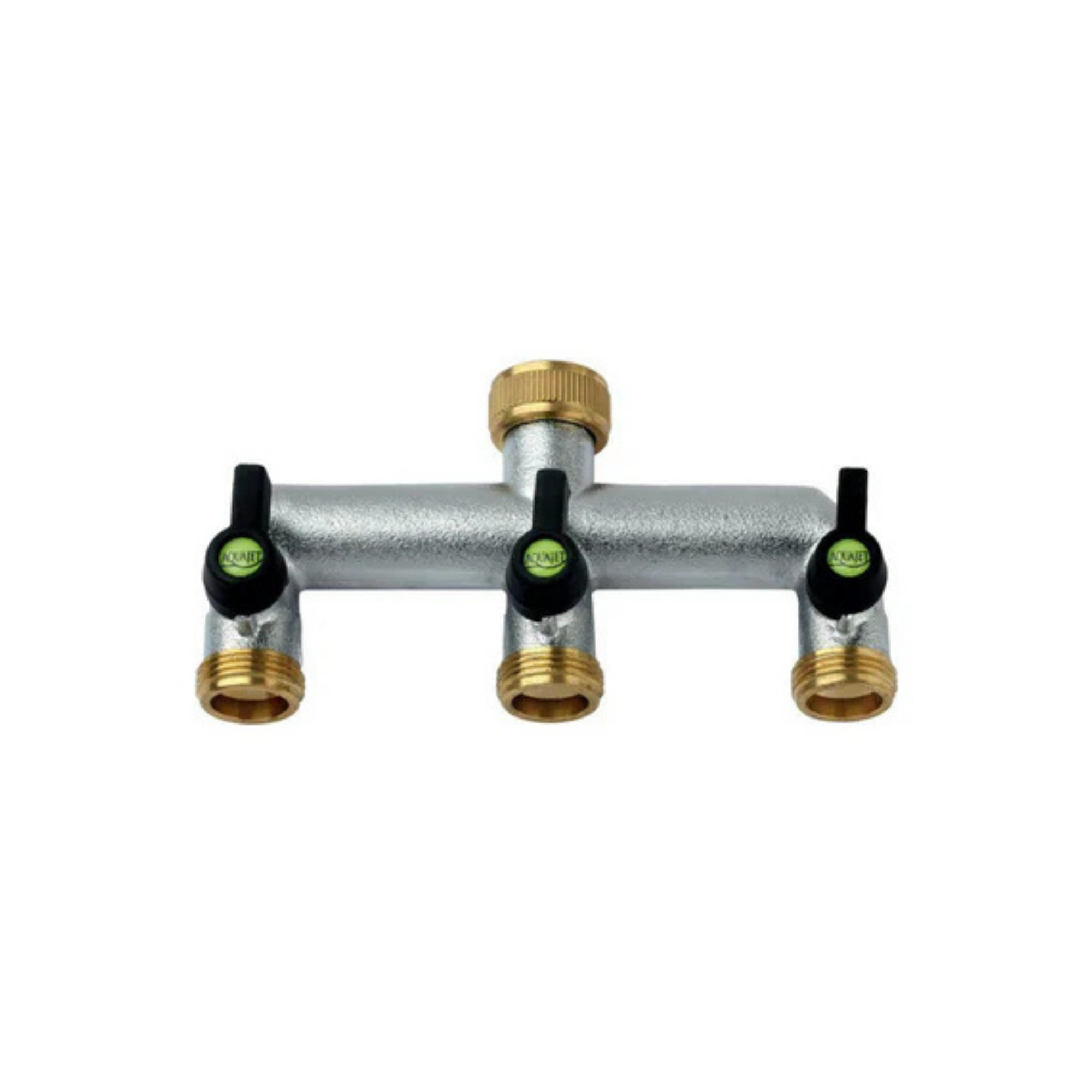 Close-up of a brass 3-way manifold, designed for irrigation systems, featuring three outlets for efficient water distribution and durable construction for long-lasting performance
