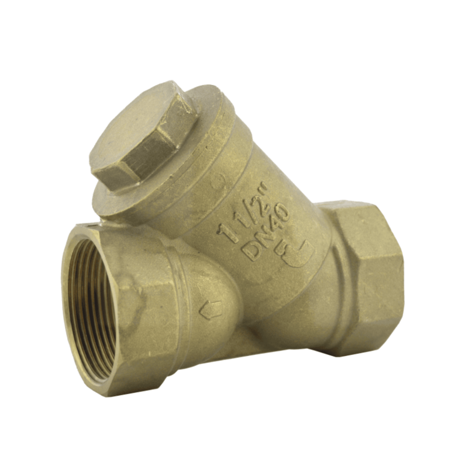 Close-up of a brass strainer, featuring a durable construction designed to filter debris from water in irrigation systems, ensuring optimal flow and preventing clogging