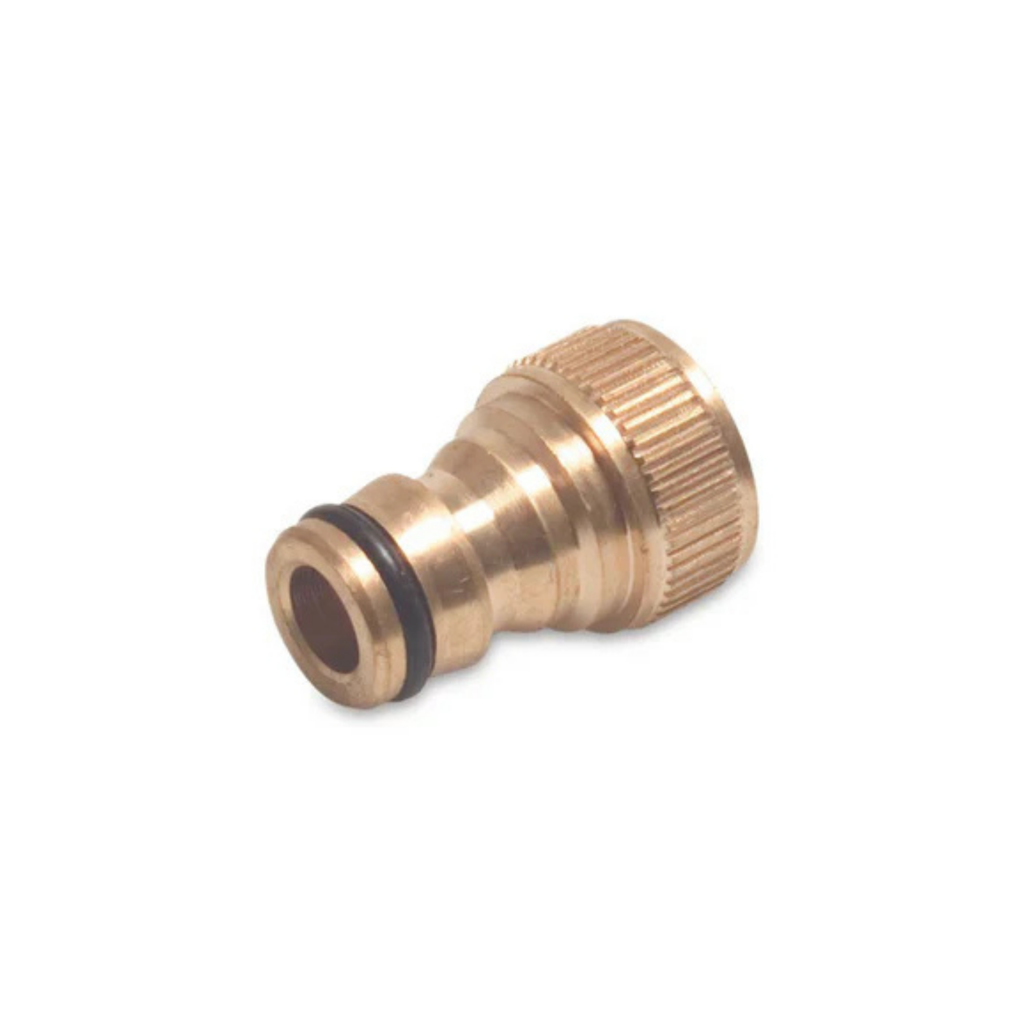 Close-up of a brass tap connector with a male click fitting, designed for easy attachment to garden hoses or irrigation systems, featuring a ¾” BSP female thread for secure connection