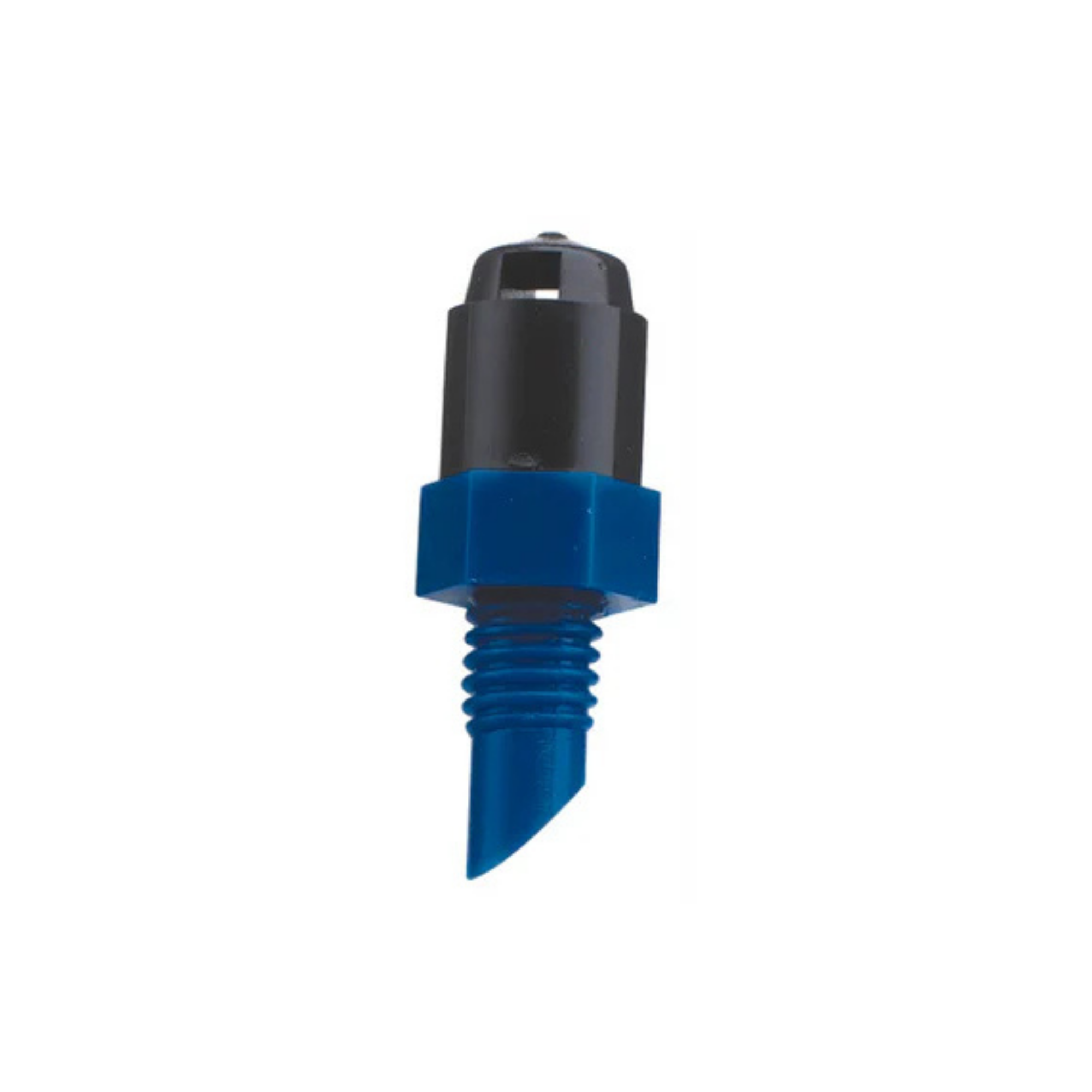 A blue centre strip nozzle for irrigation systems, showing a side view with a black base and nozzle mouth.