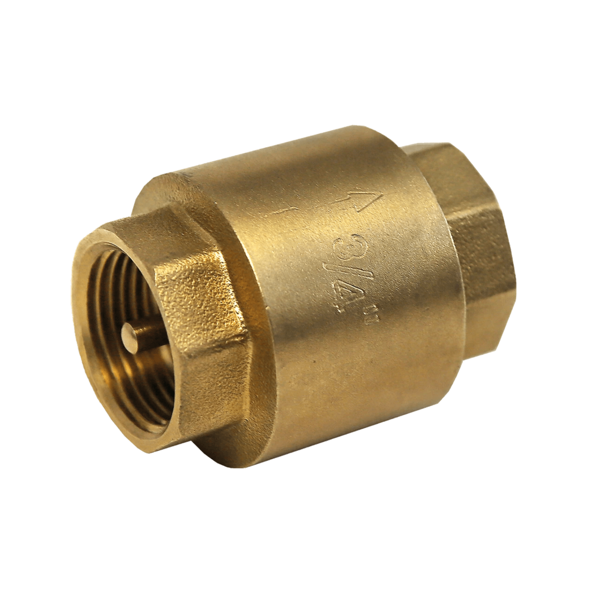 Close-up of a brass check valve, designed to prevent backflow in irrigation systems, showcasing a robust construction for reliable performance and durability