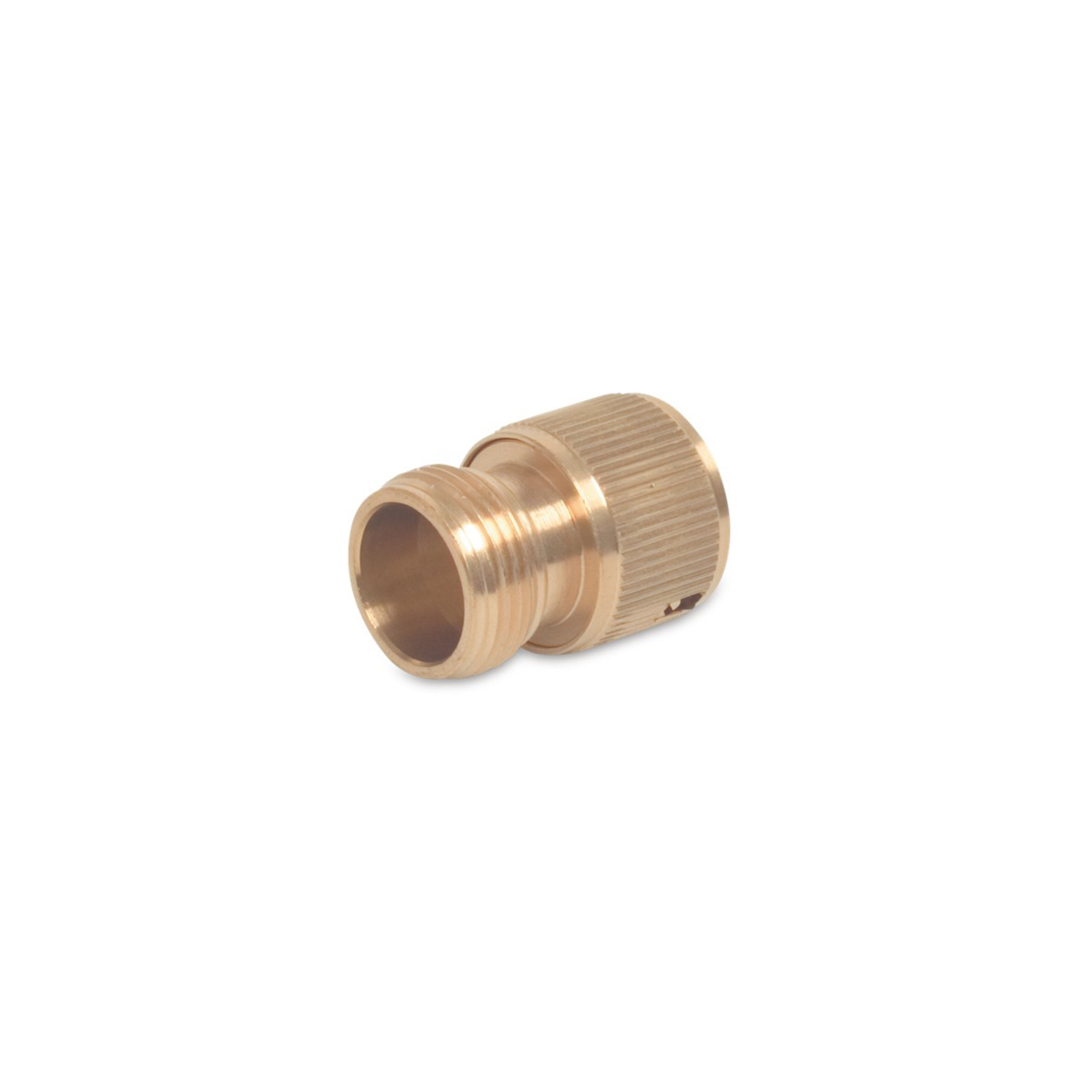 Close-up of a Click 4 brass female click connector with a ¾” BSP male thread, designed for secure and easy connections in irrigation systems, featuring durable construction for long-lasting performance