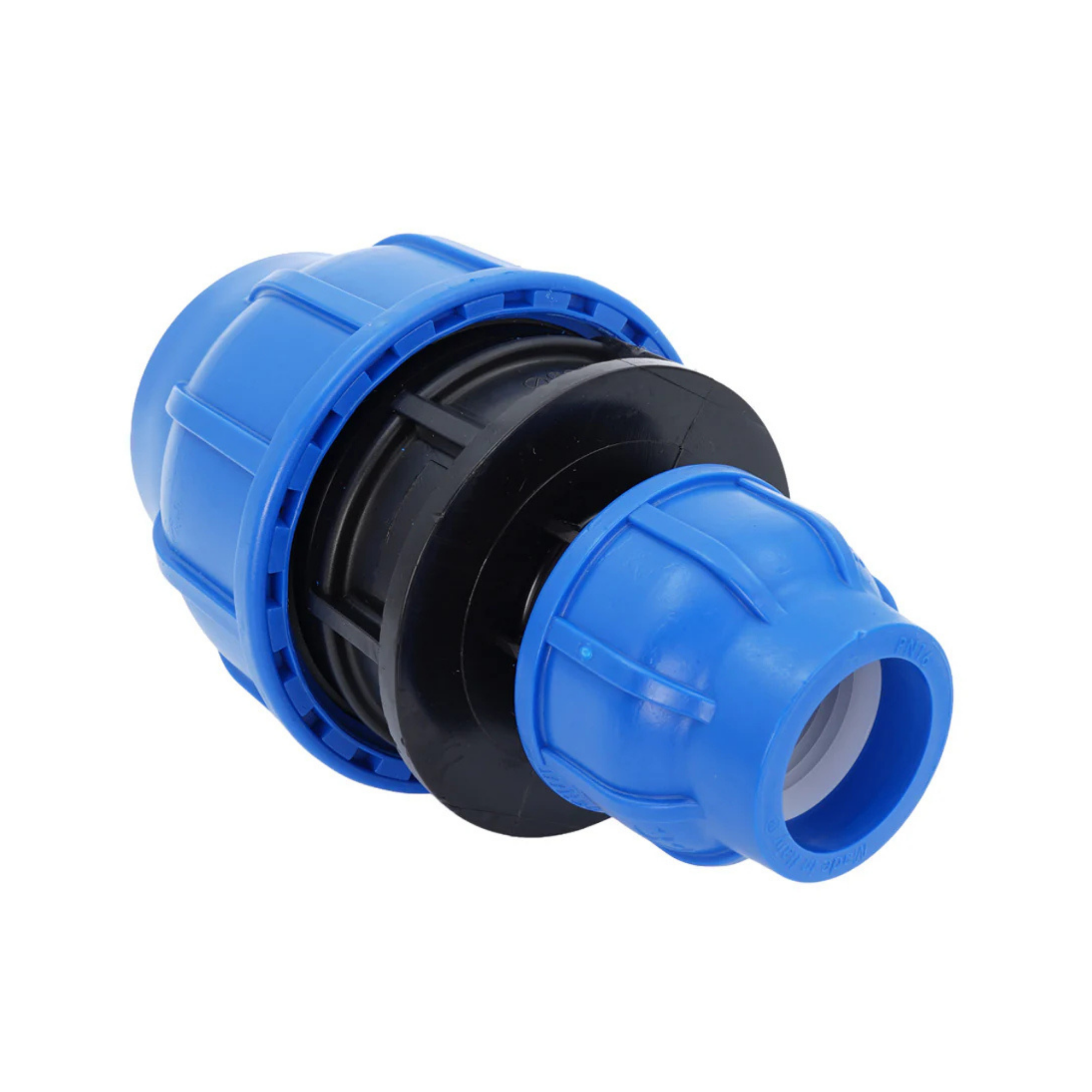A plastic pipe connector fitting with blue outer sections and a black central section, shown on a plain white background.