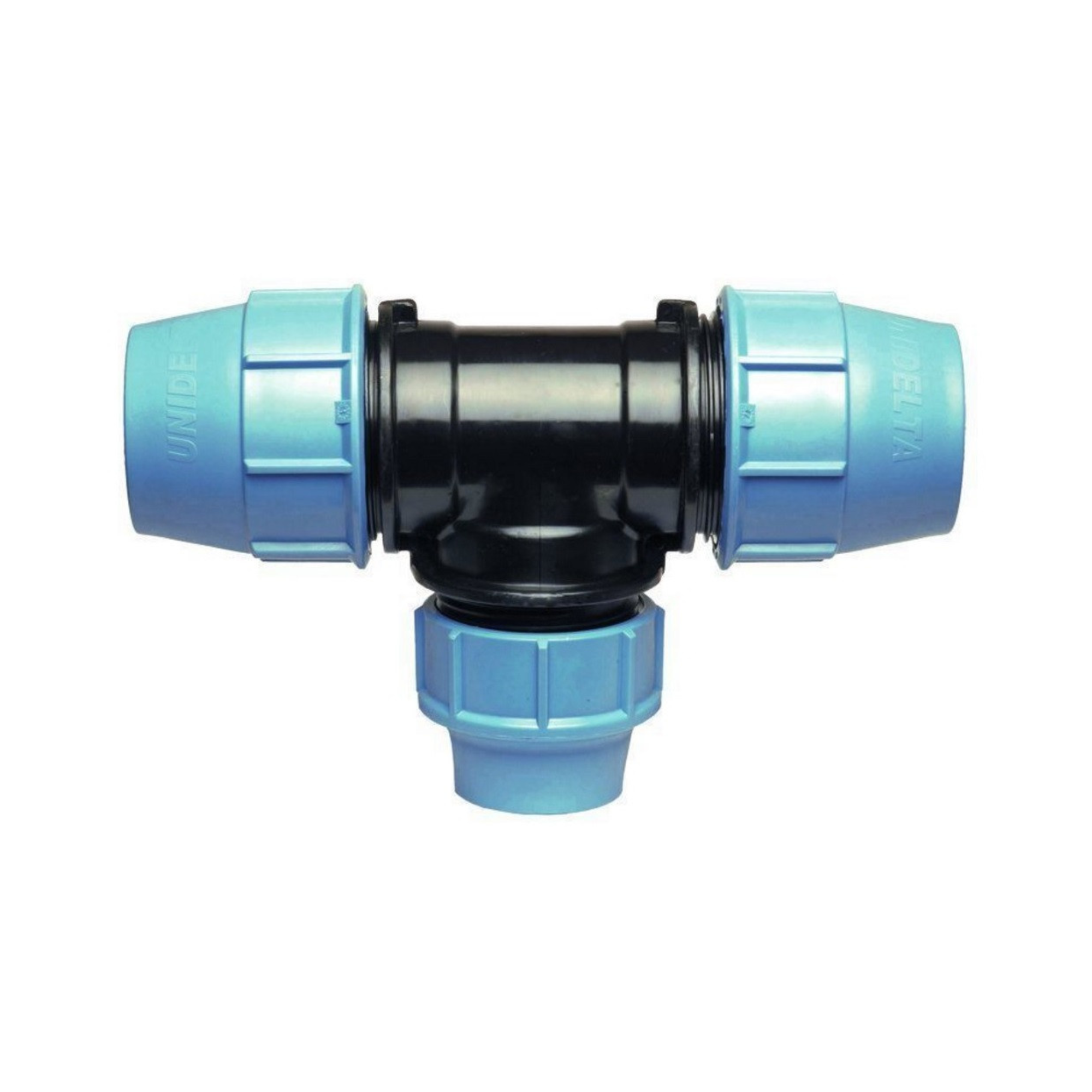 A plastic T-shaped pipe connector with a black center body and light blue threaded ends, shown on a plain white background.