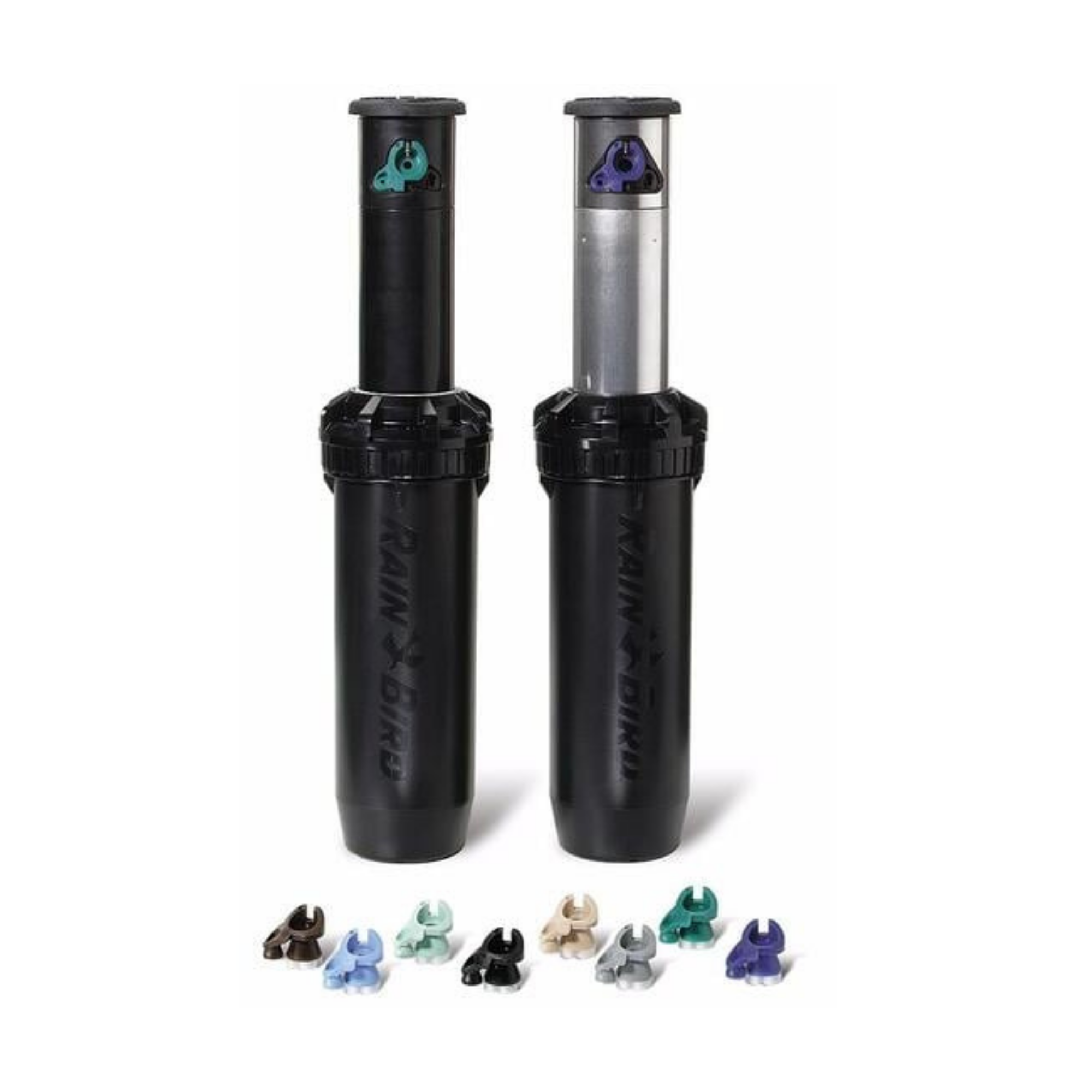 Two landscape sprinklers with ratcheting stems and multiple color-coded nozzles laid out in front.