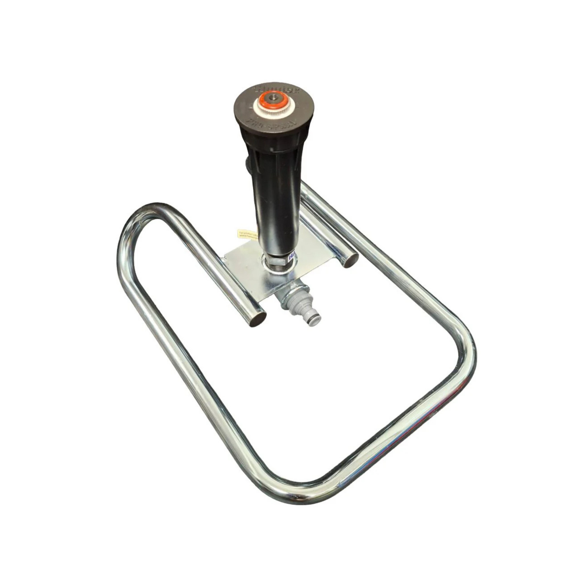 A silver galvanised sled mount for sprinklers with a male click inlet and a ¾" BSPF outlet.