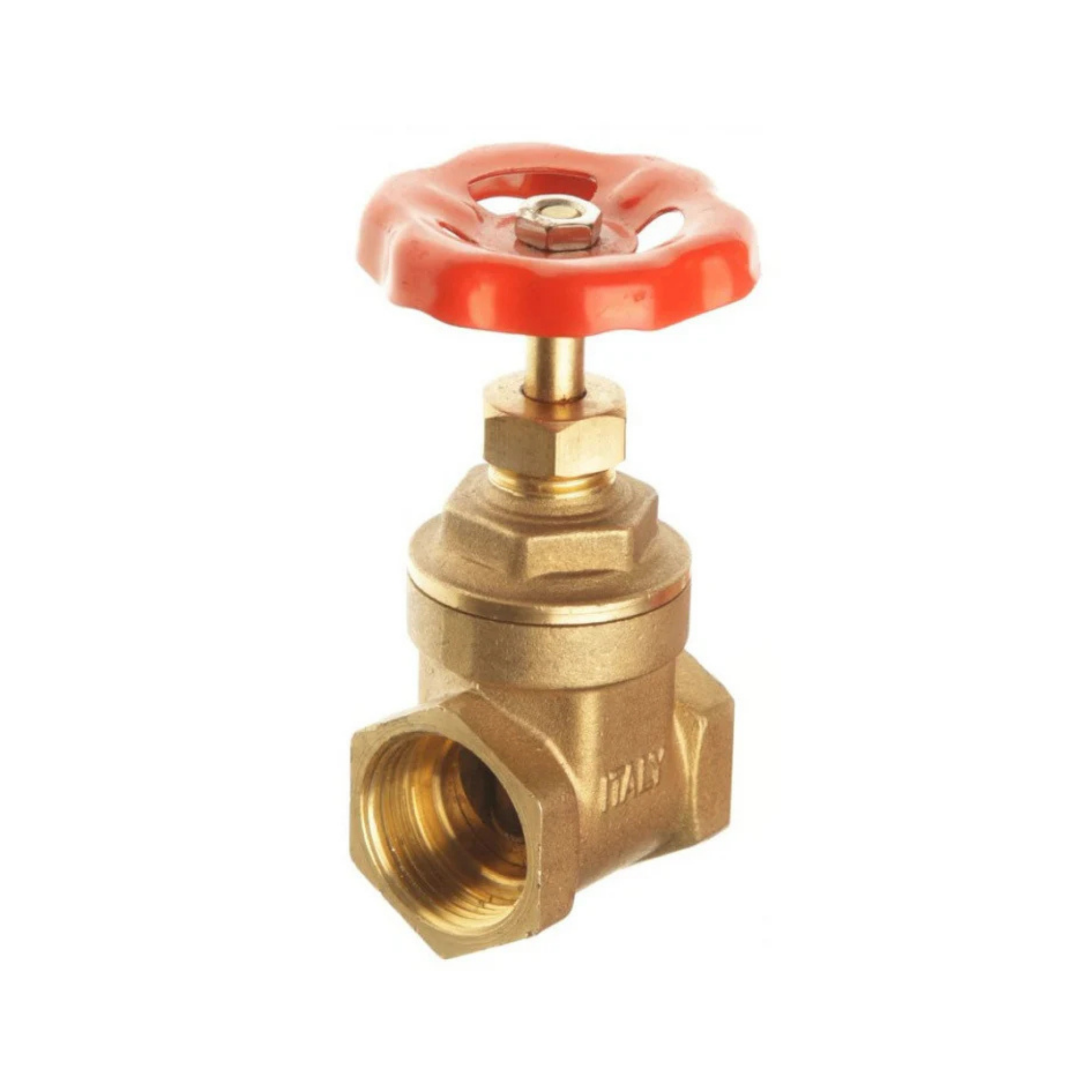 Close-up of a brass gate valve, featuring a durable construction and a handwheel for easy operation, designed to control water flow in irrigation systems with precision