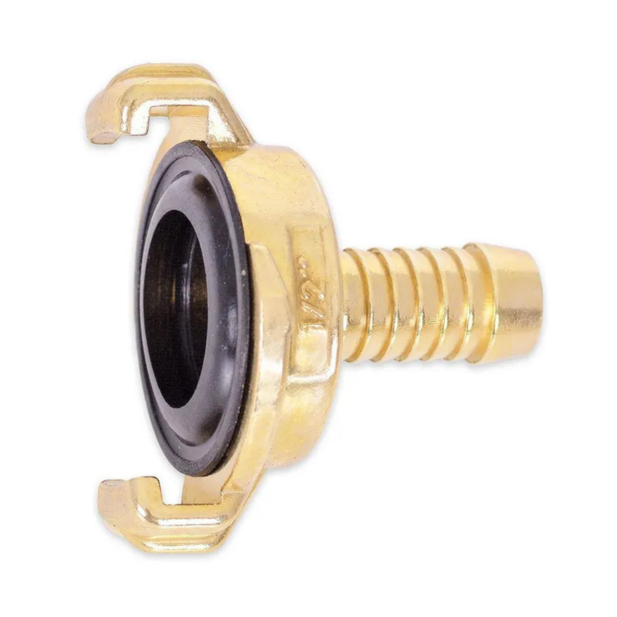 Close-up of a Geka hose fitting, featuring a ½” inch hose spigot designed for secure connections in irrigation systems, showcasing durable construction for reliable water flow