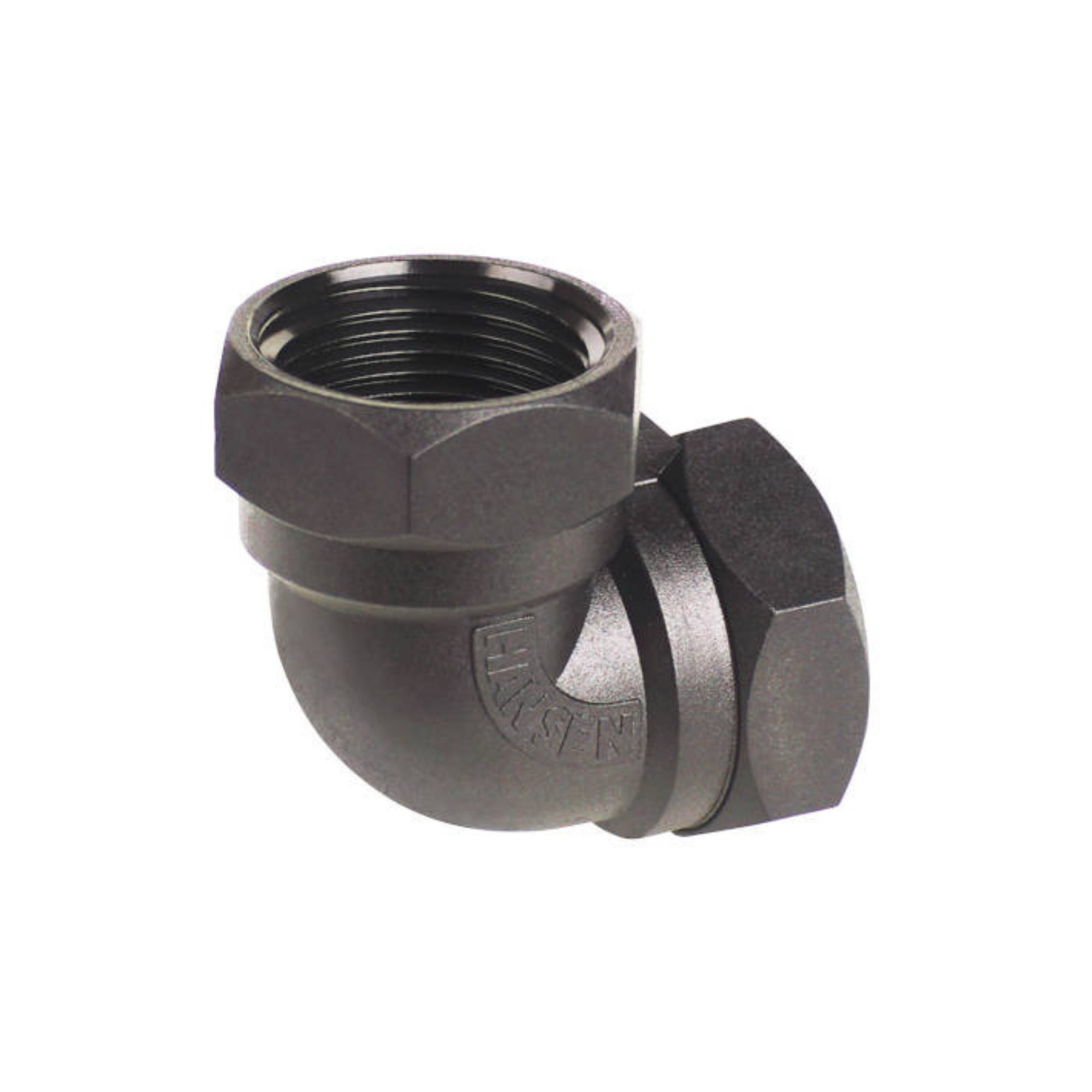 Close-up of a Hansen nylon threaded elbow, designed for changing the direction of piping in irrigation systems, featuring durable construction for secure connections and long-lasting performance