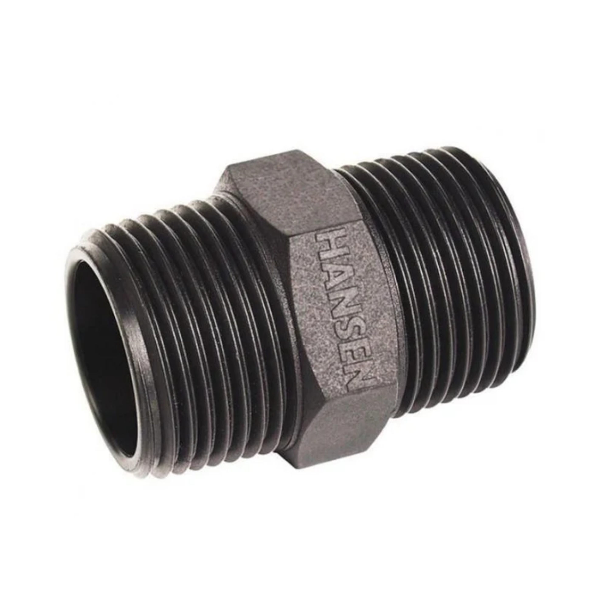 Close-up of a Hansen nylon threaded nipple, designed for connecting two female threaded pipes in irrigation systems, featuring durable construction for reliable and leak-proof performance