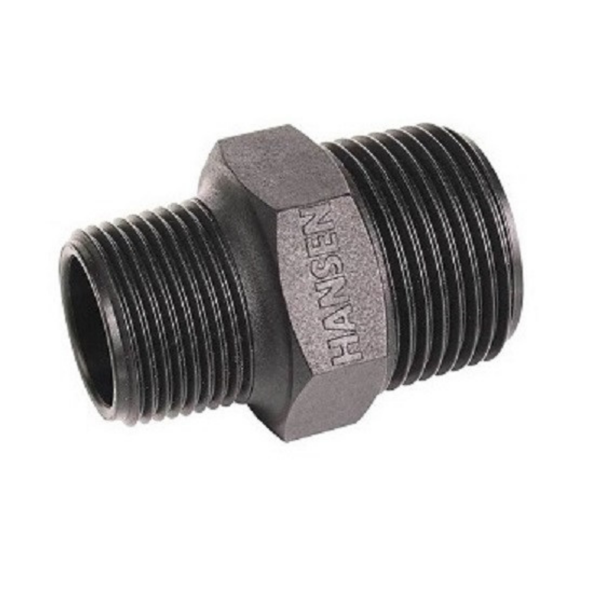 Close-up of a Hansen nylon threaded reducer nipple, designed for connecting pipes of varying diameters in irrigation systems, featuring durable construction for secure and leak-proof connections
