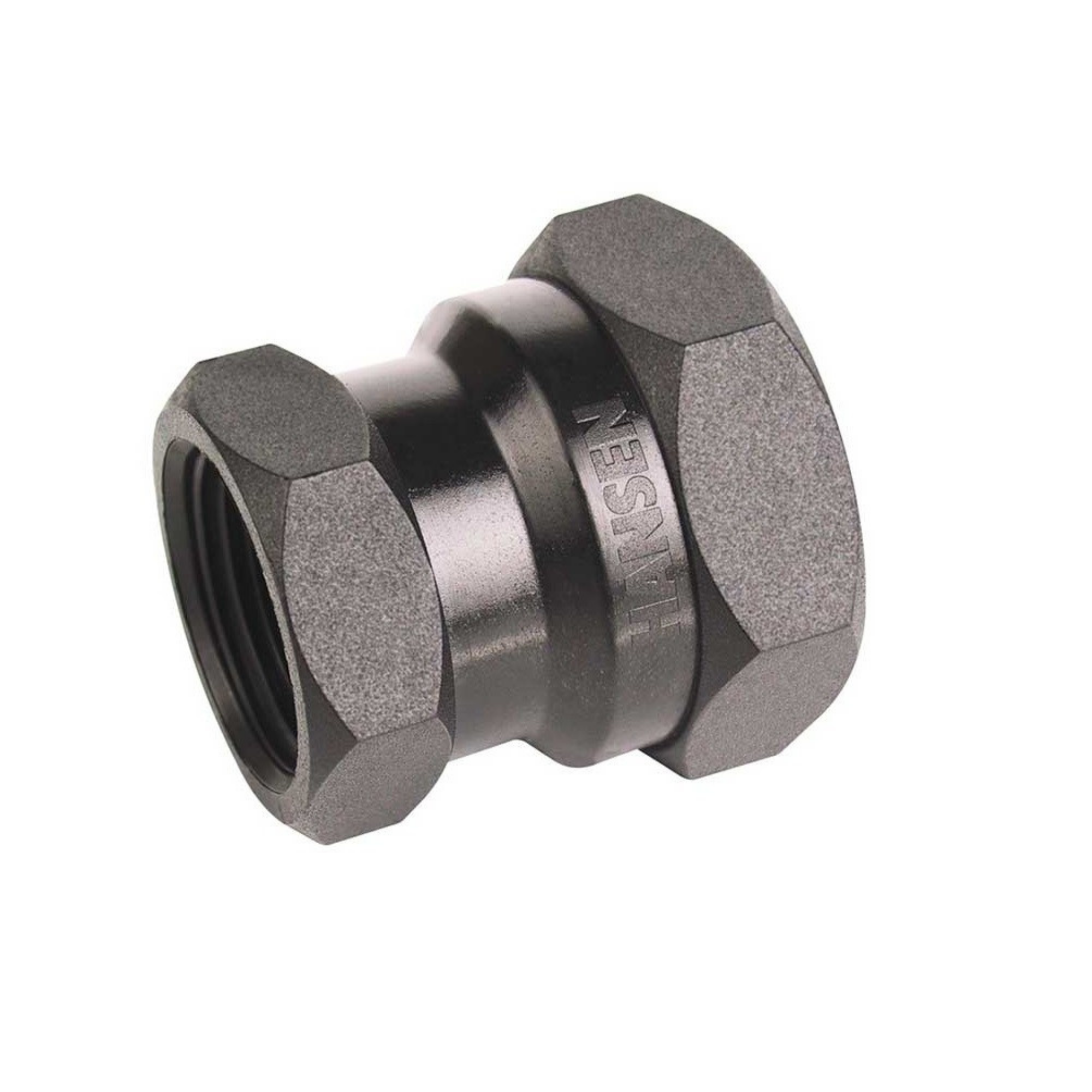 Close-up of a Hansen nylon threaded reducer socket, designed for connecting pipes of different diameters in irrigation systems, featuring durable construction for secure and reliable performance