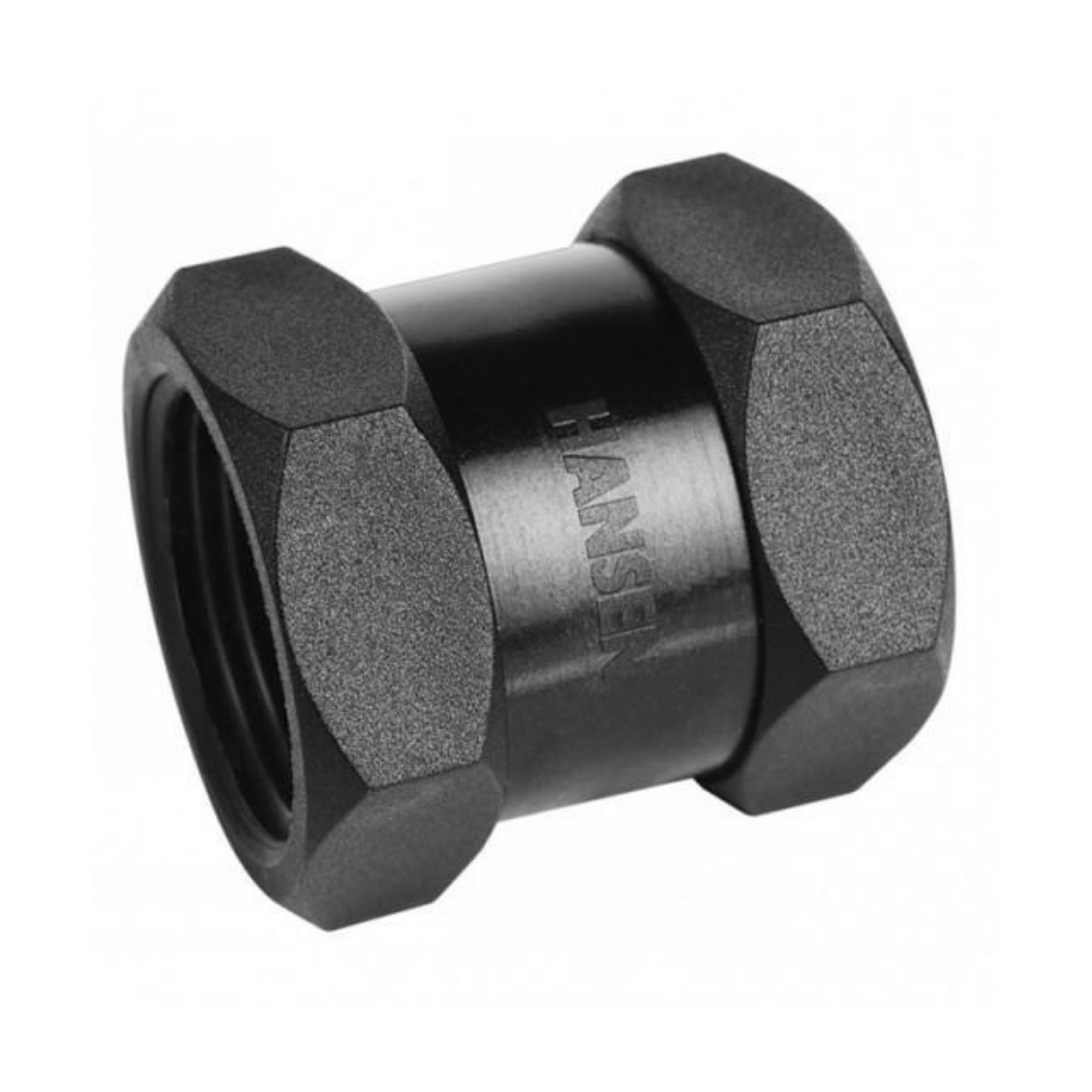 Close-up of a Hansen nylon threaded socket, designed for connecting two threaded pipe sections in irrigation systems, featuring durable construction for secure and leak-resistant fittings