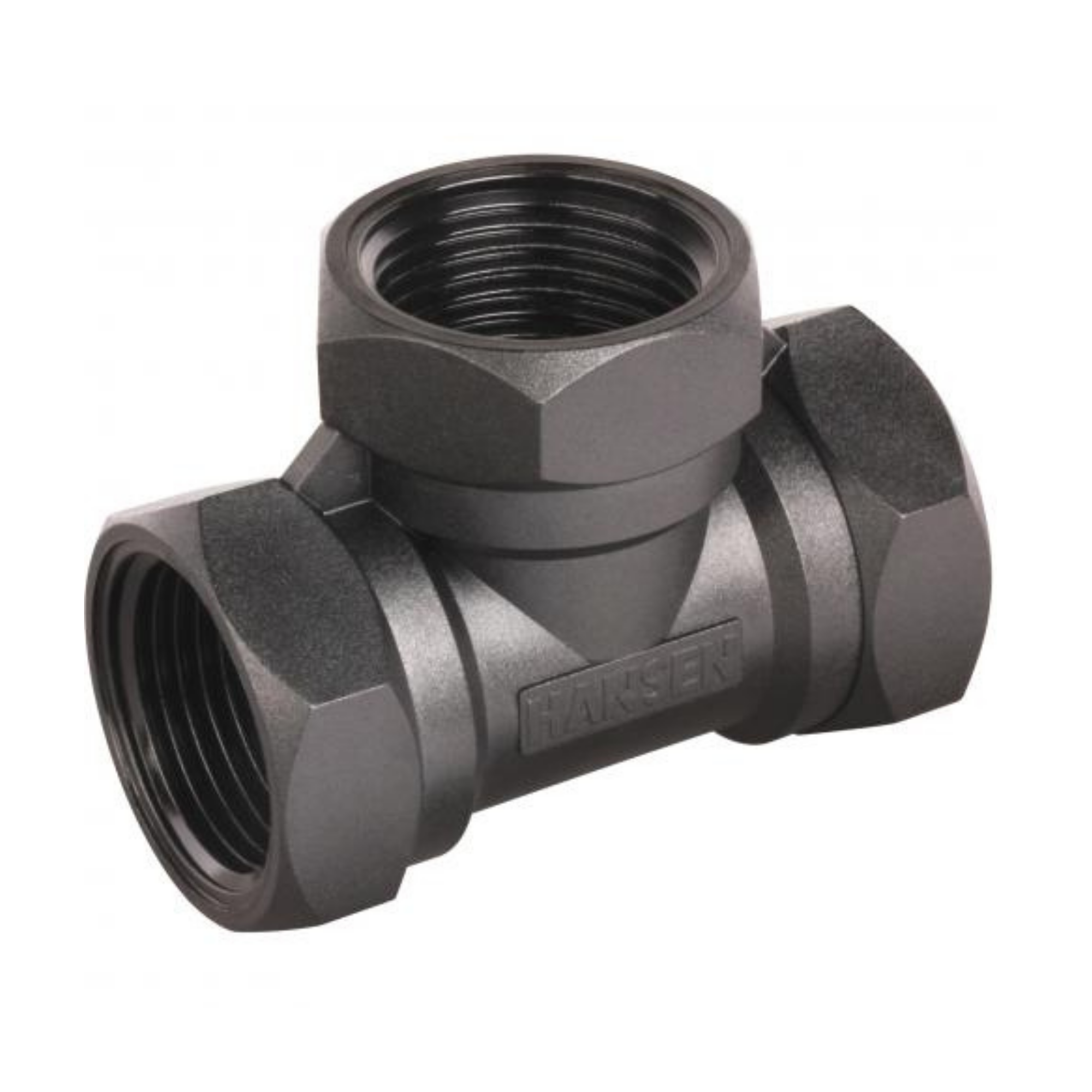 Close-up of a Hansen nylon threaded tee, designed for connecting three sections of pipe in irrigation systems, featuring durable construction for secure and reliable fittings