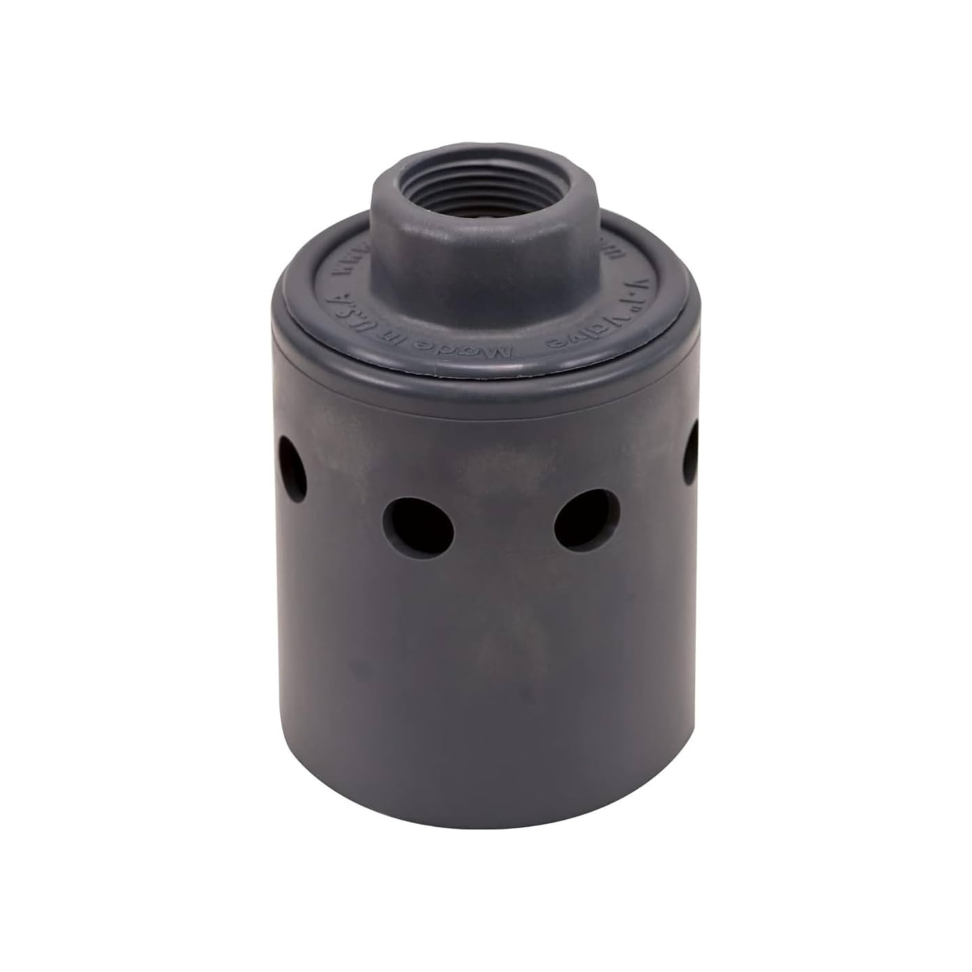 A dark gray cylindrical plastic component with a threaded top opening and three circular ventilation holes on the side, shown against a plain white background.
