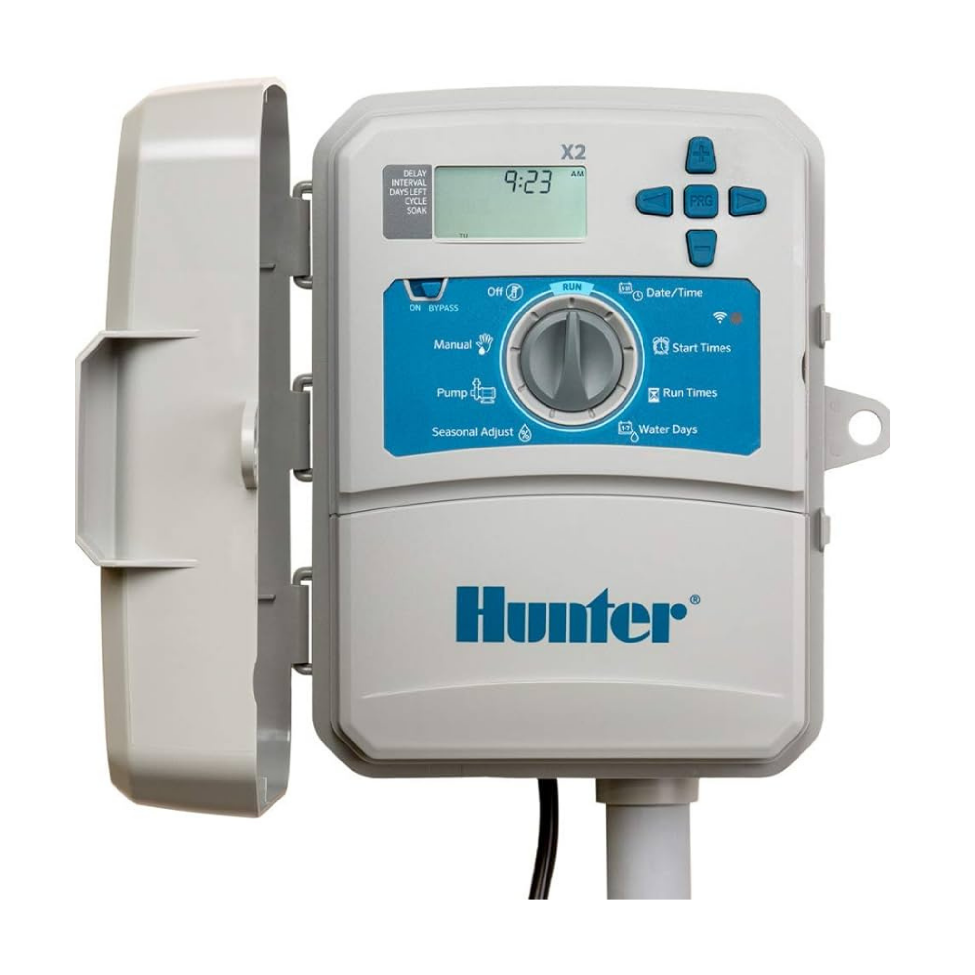 Hunter X2 digital outdoor irrigation controller with a gray plastic housing, blue control panel, open side cover, and digital display screen, shown on a white background.