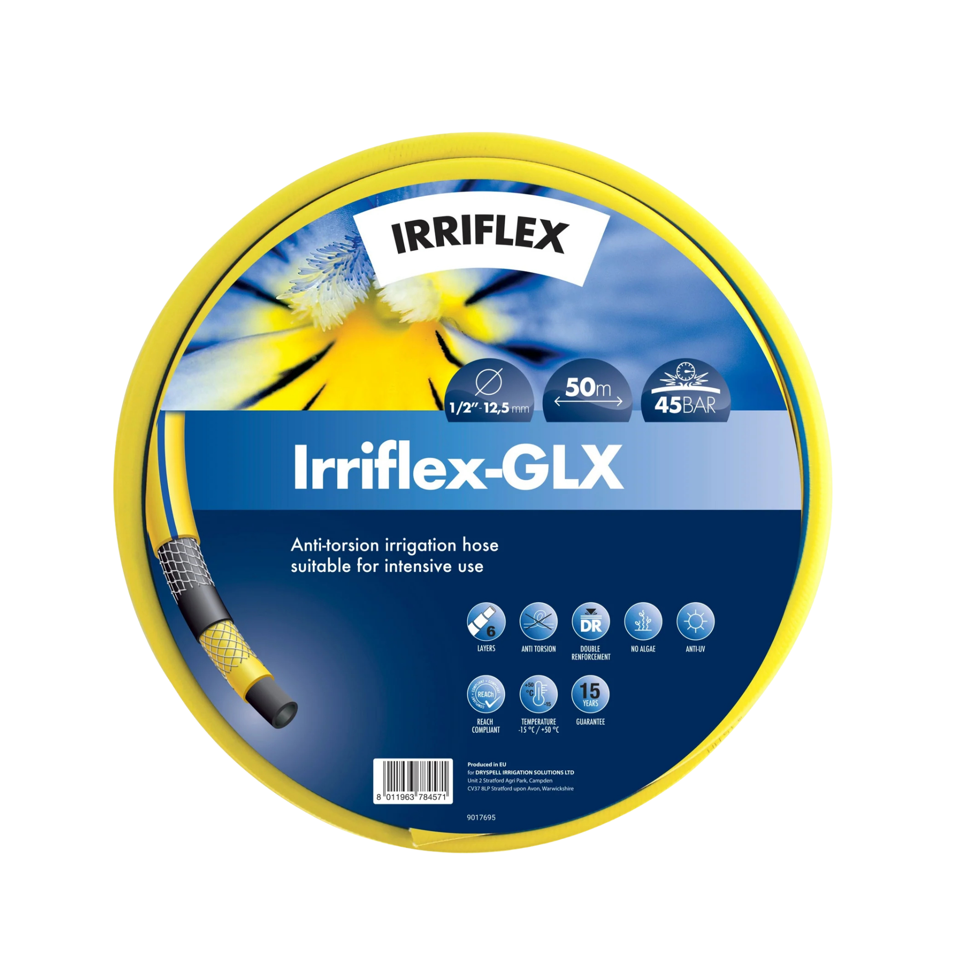 A yellow Irriflex GLX anti-korsion irrigation hose coiled on a circular spool with a blue and white printed label, shown against a plain white background.