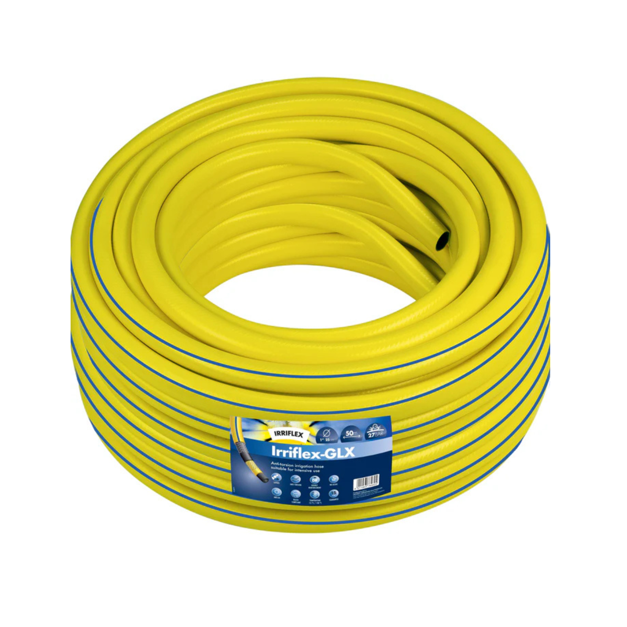 Irriflex GLX yellow hose coiled on a white background
