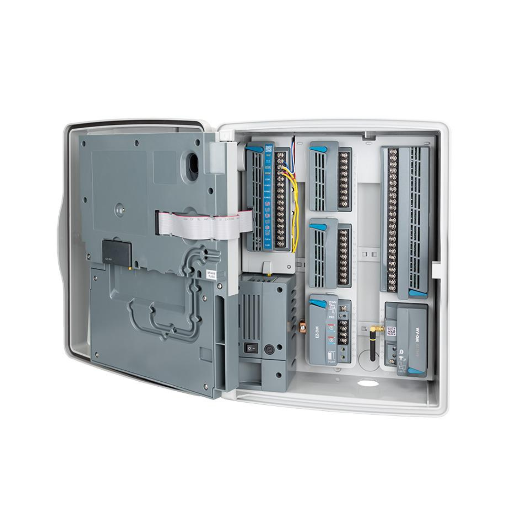 Electrical panel with various components on a white background
