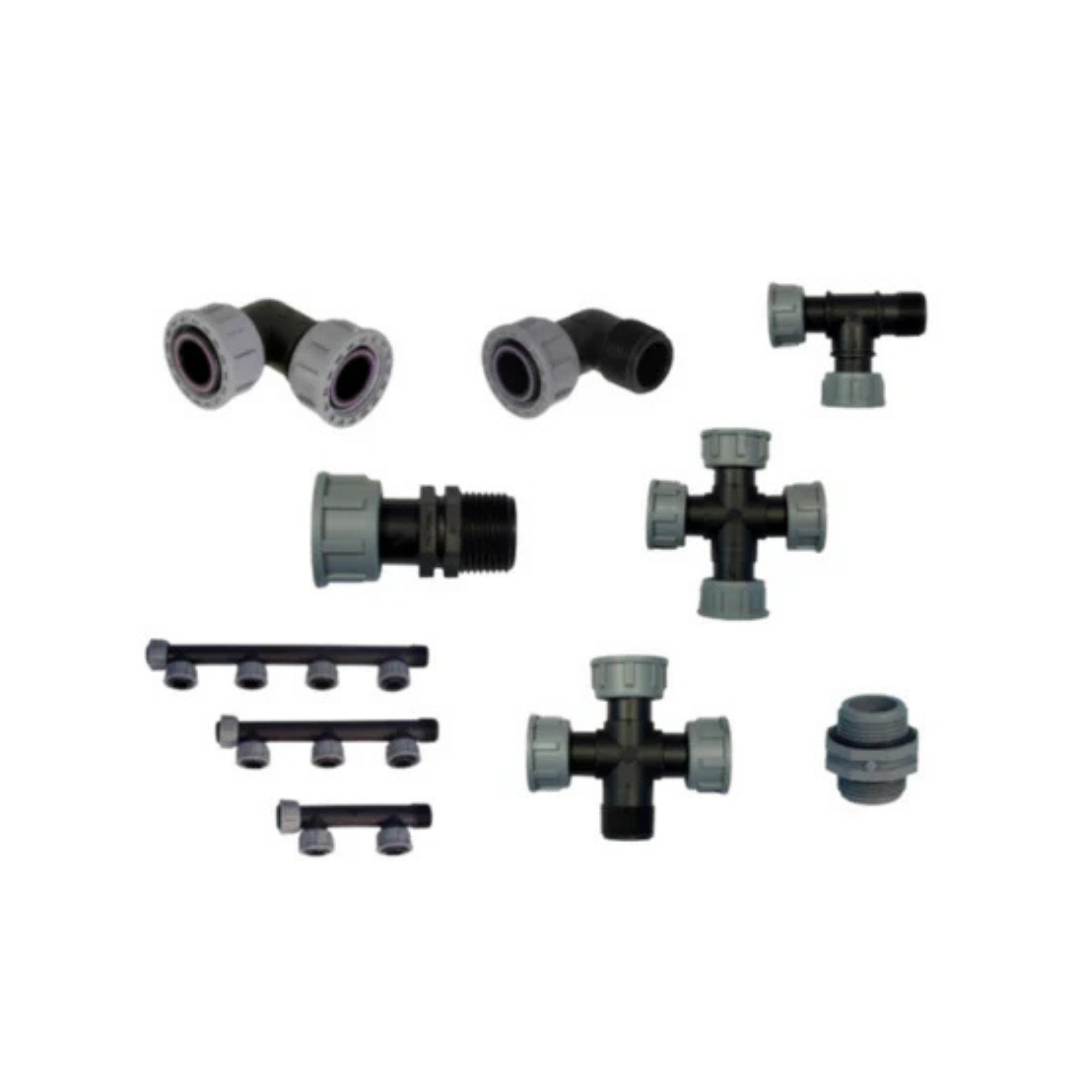 Close-up of a 21 Series manifold fitting, designed for irrigation systems, featuring a durable construction with multiple ports for efficient distribution of water to various zones