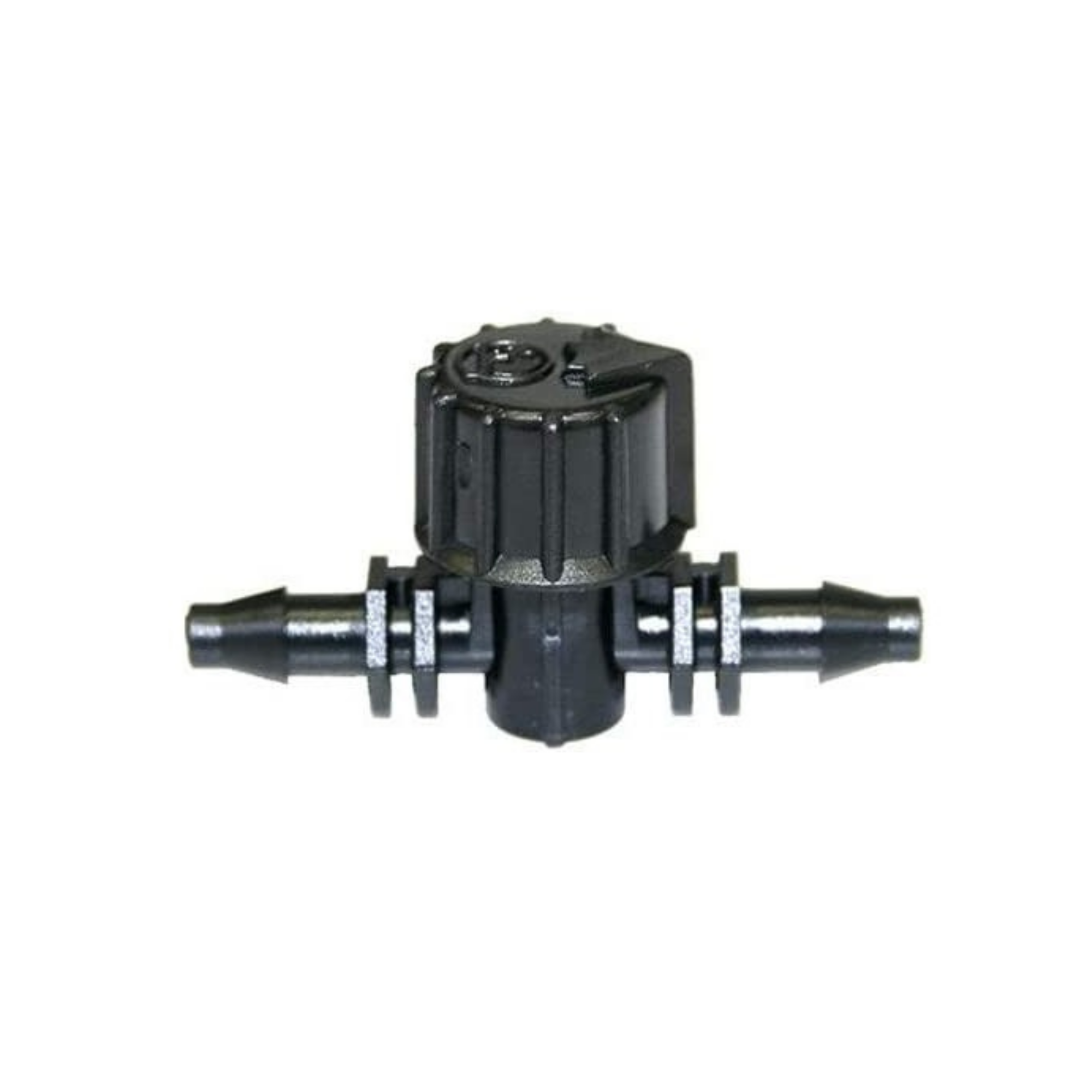 Close-up of a Micro Inline Barbed Valve for 4mm tubing, designed for precise flow control in irrigation systems, featuring a durable body and a lever for easy adjustment