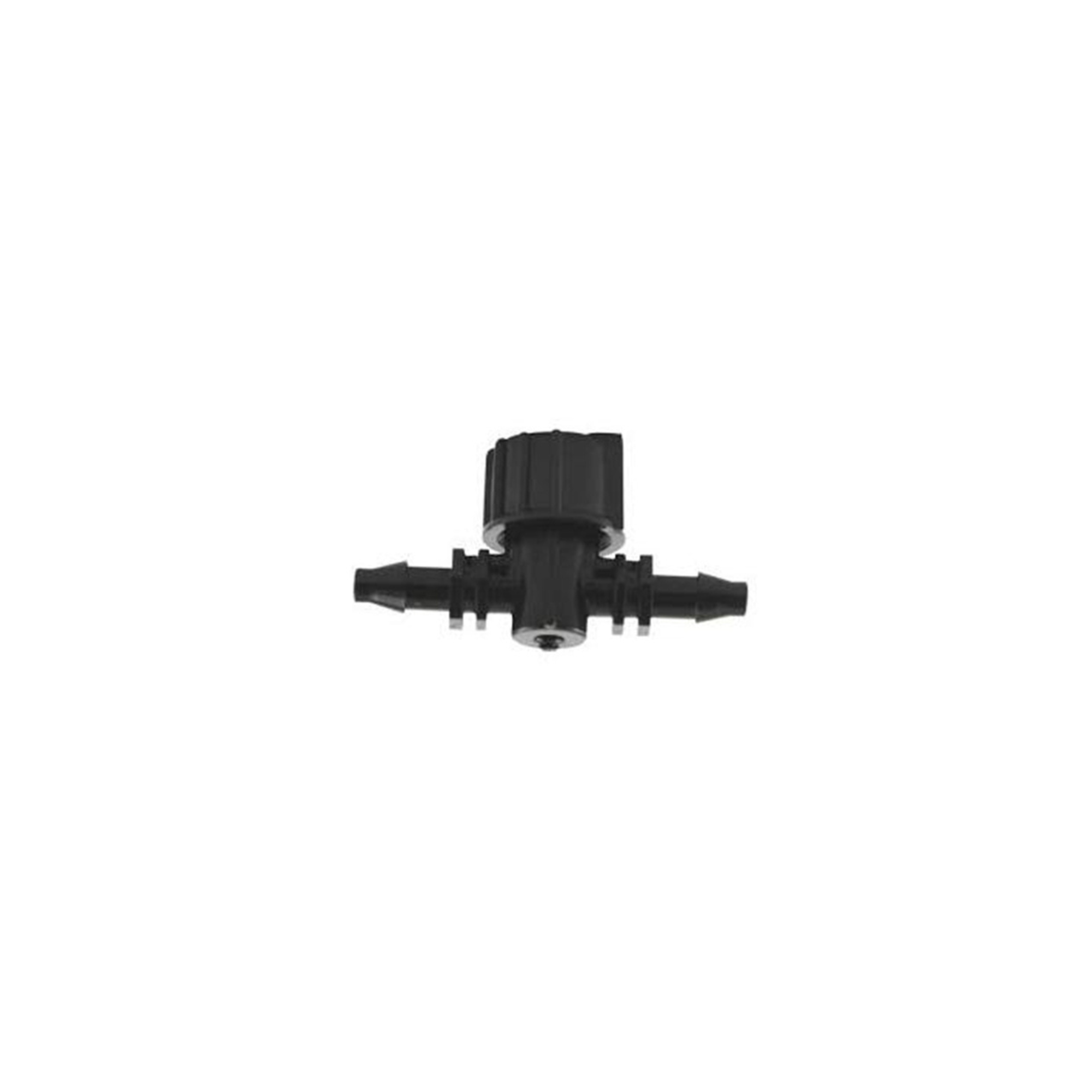 Close-up of a Micro Inline Barbed Valve for 4mm tubing, designed for precise flow control in irrigation systems, featuring a durable body and a lever for easy adjustment