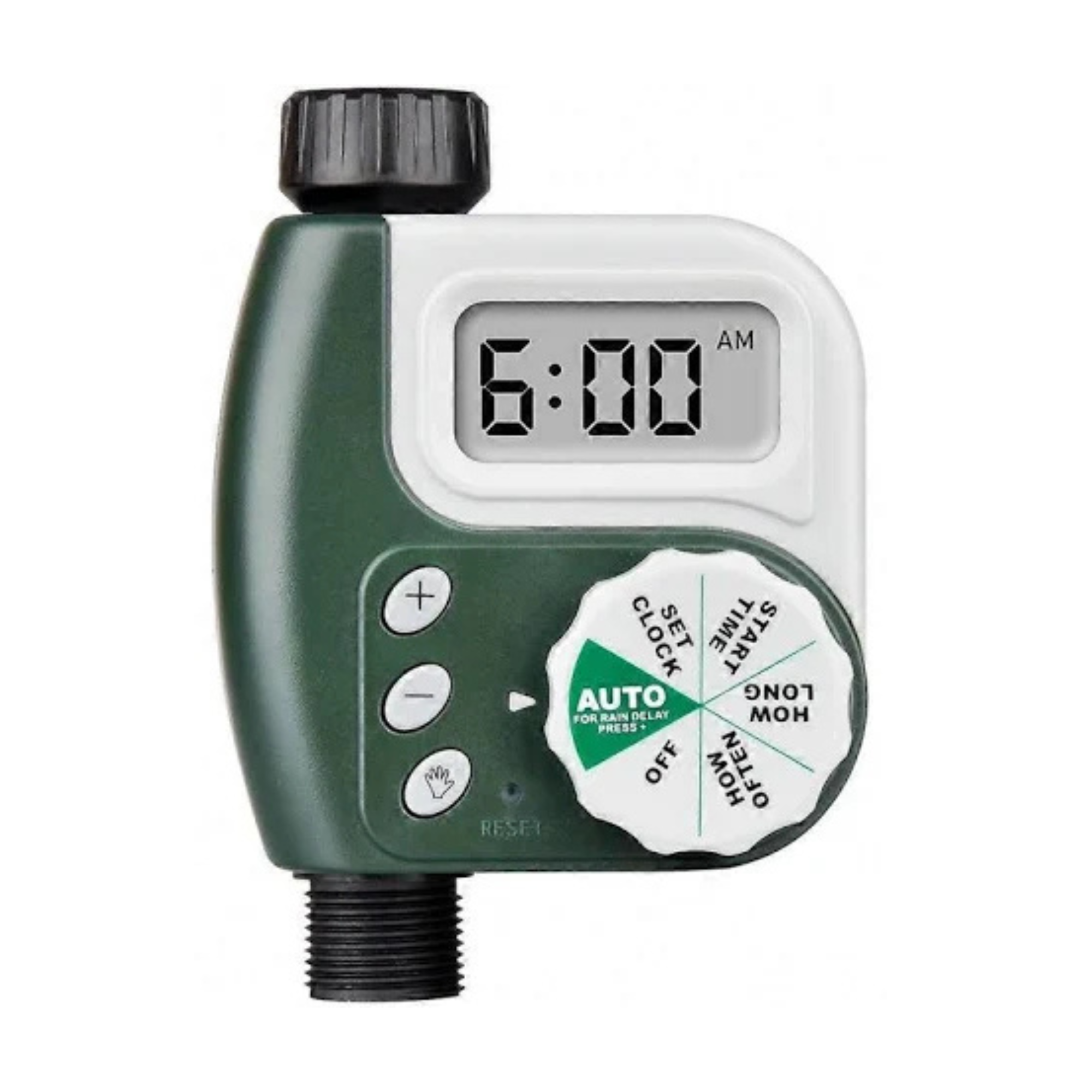 A digital Orbit Tap Timer watering timer with a dark green body, white faceplate, black threaded hose connection, and a large rotary dial showing time settings and watering modes.