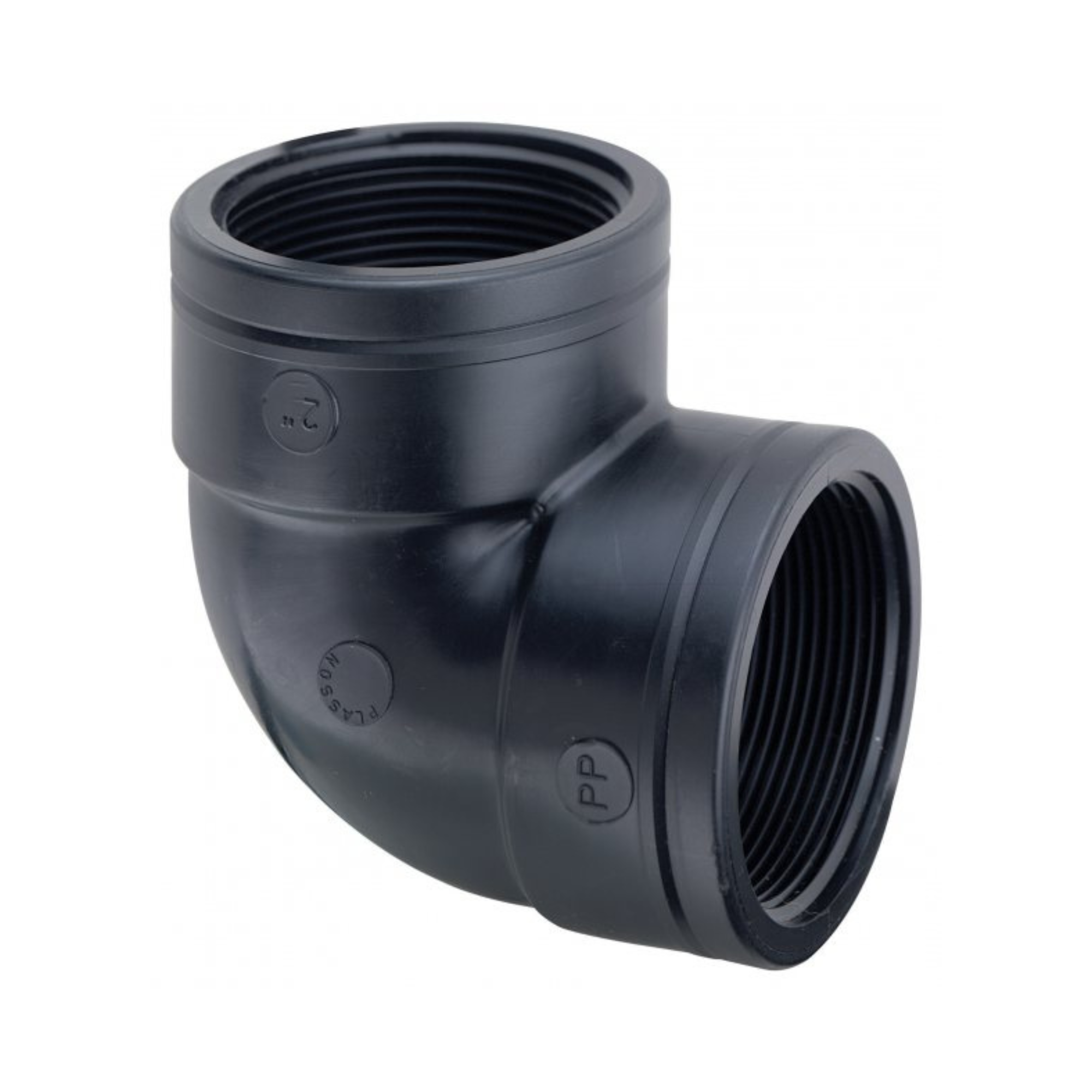 Close-up of a Plasson threaded elbow, designed for changing the direction of piping in irrigation systems, featuring durable construction for secure connections and reliable performance