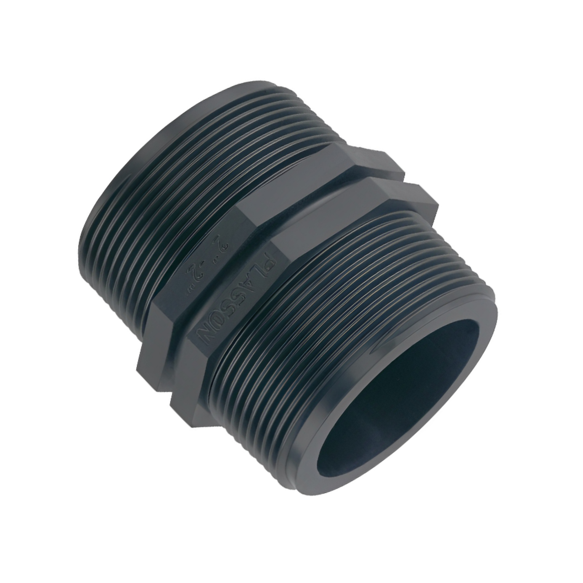 Close-up of a Plasson threaded nipple, designed for connecting two female threaded pipes in irrigation systems, featuring durable construction for secure and leak-proof fittings