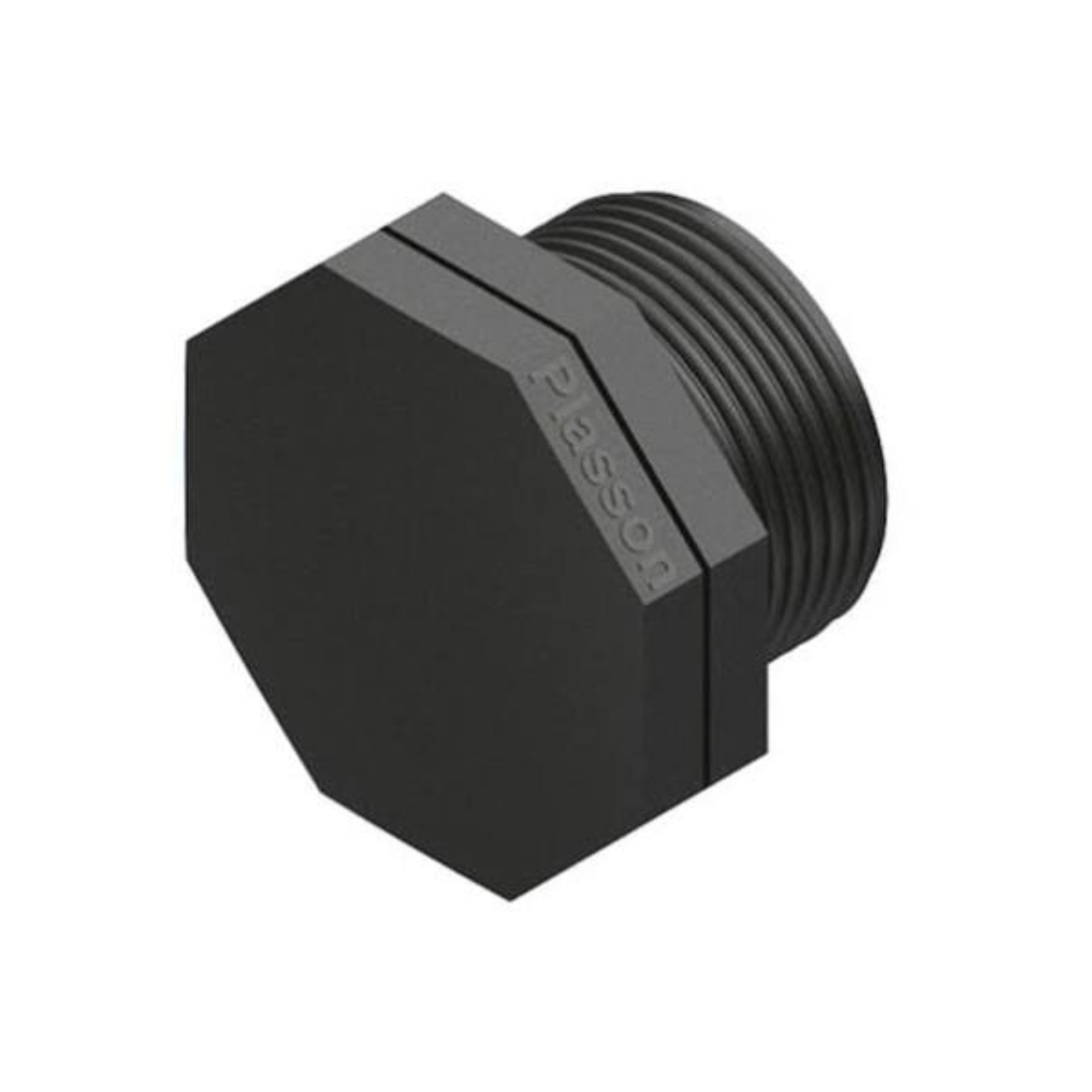 Close-up of a Plasson threaded plug, designed to securely seal the end of a pipe in irrigation systems, featuring durable construction for leak prevention and reliable performance
