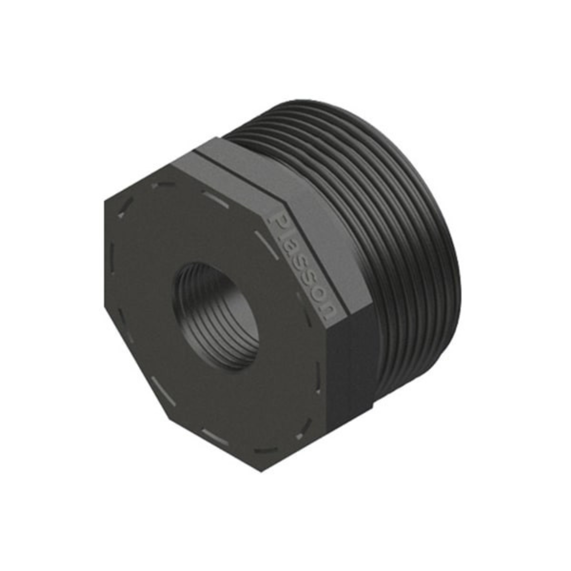 Close-up of a Plasson threaded reducer bush, designed for irrigation systems, featuring durable construction for securely connecting pipes of different diameters