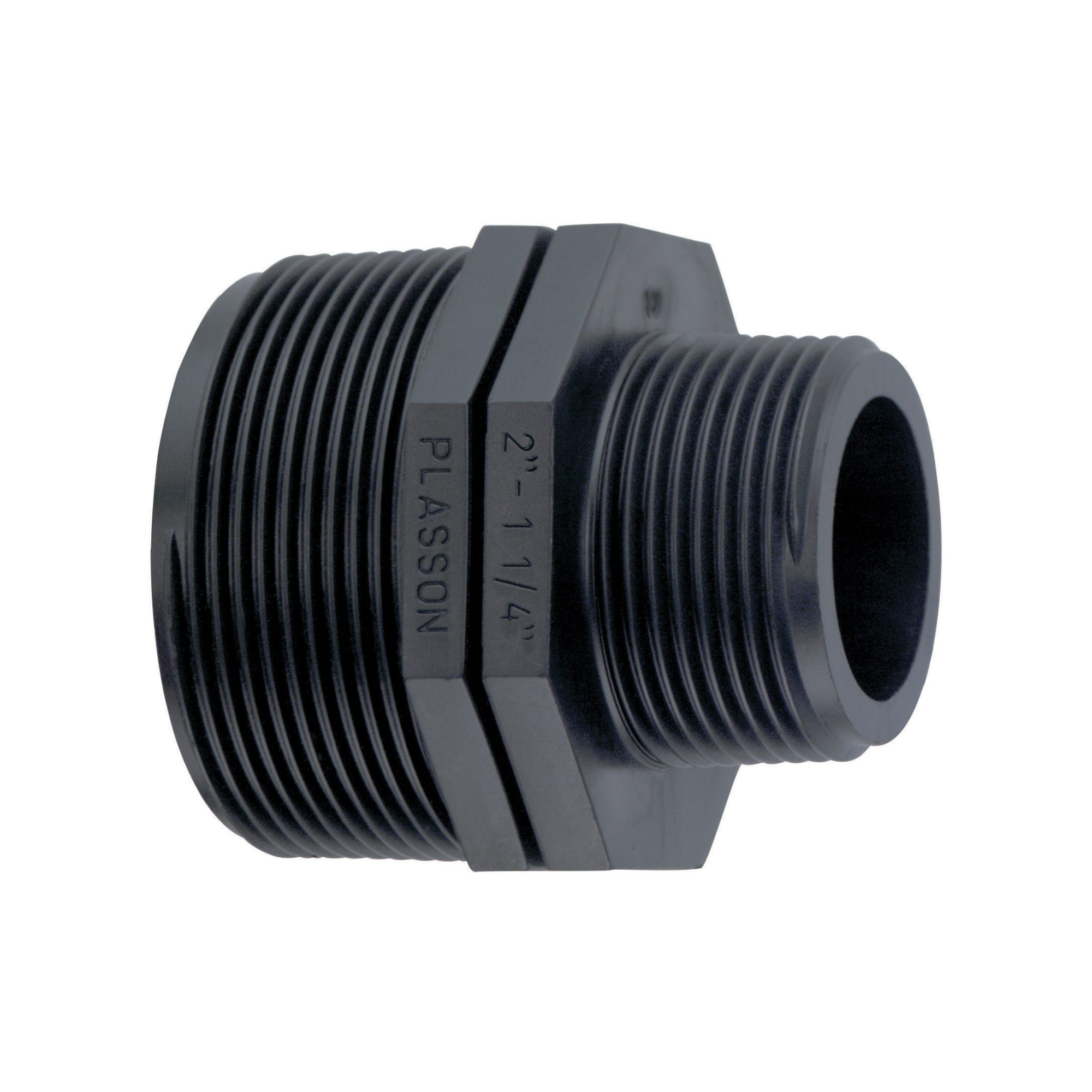 Close-up of a Plasson threaded reducer nipple, designed for irrigation systems, featuring durable construction for securely connecting pipes of different diameters with threaded ends